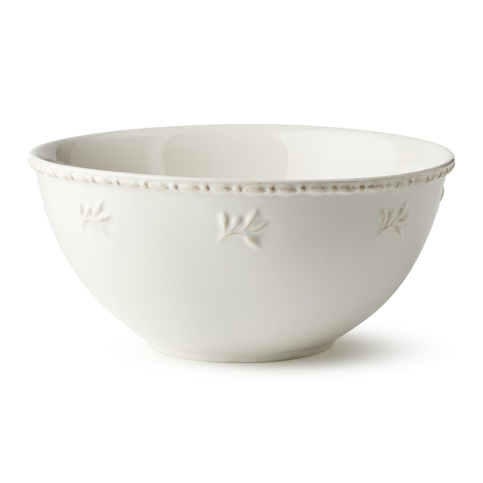 Heritage Stoneware Mixing Bowl 10.75″ Ivory Embossed Leaf Beaded Rim Farmhouse