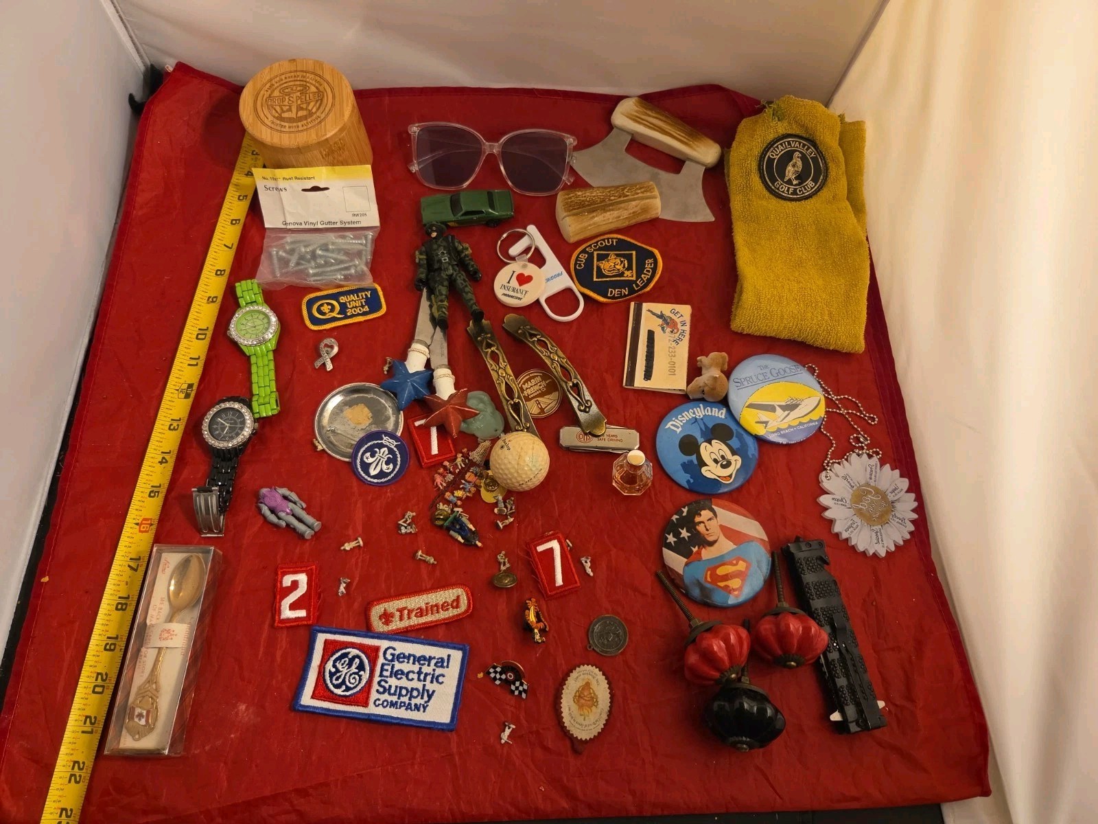 Junk Drawer Lot Toys, Pins, Buttons, Patches, Keychain, Knifes ETC