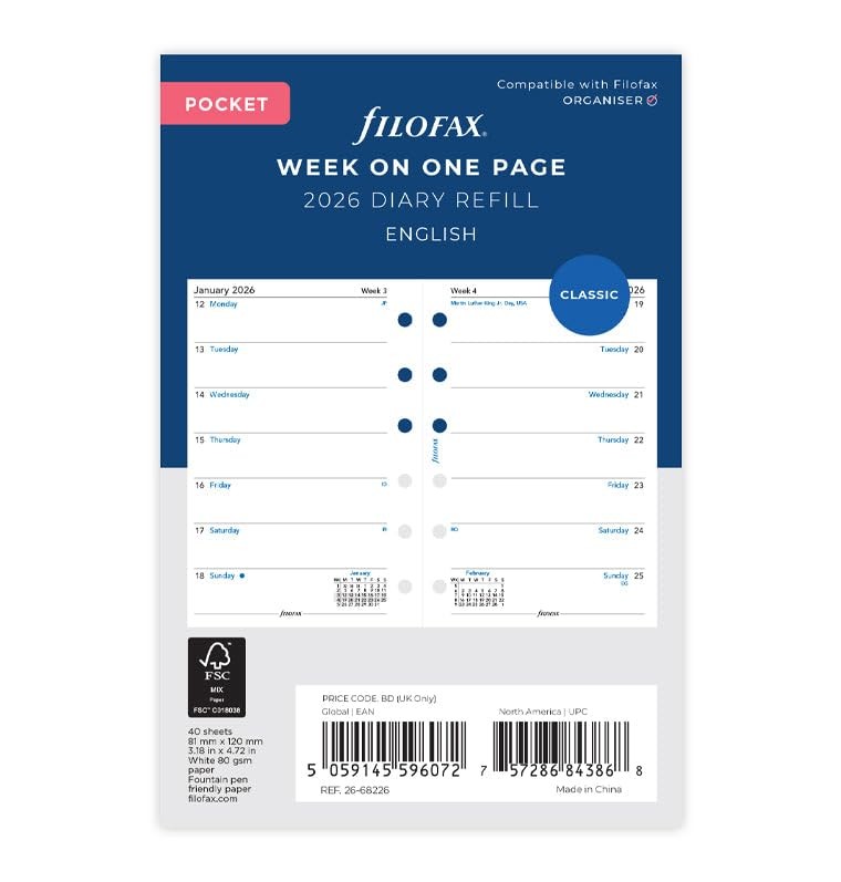 Filofax Week on One Page 2026 Pocket Diary Refill, English, 3.18″4.72″