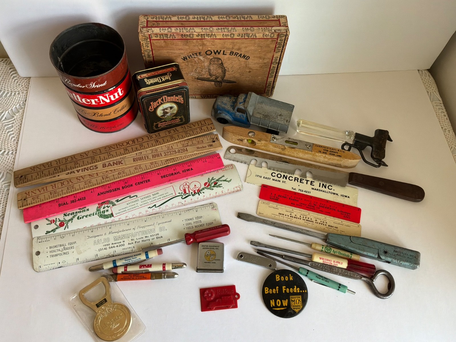 Vintage 25 Piece Assorted Garage Junk Drawer Lot Advertising Ruler Cards Beer