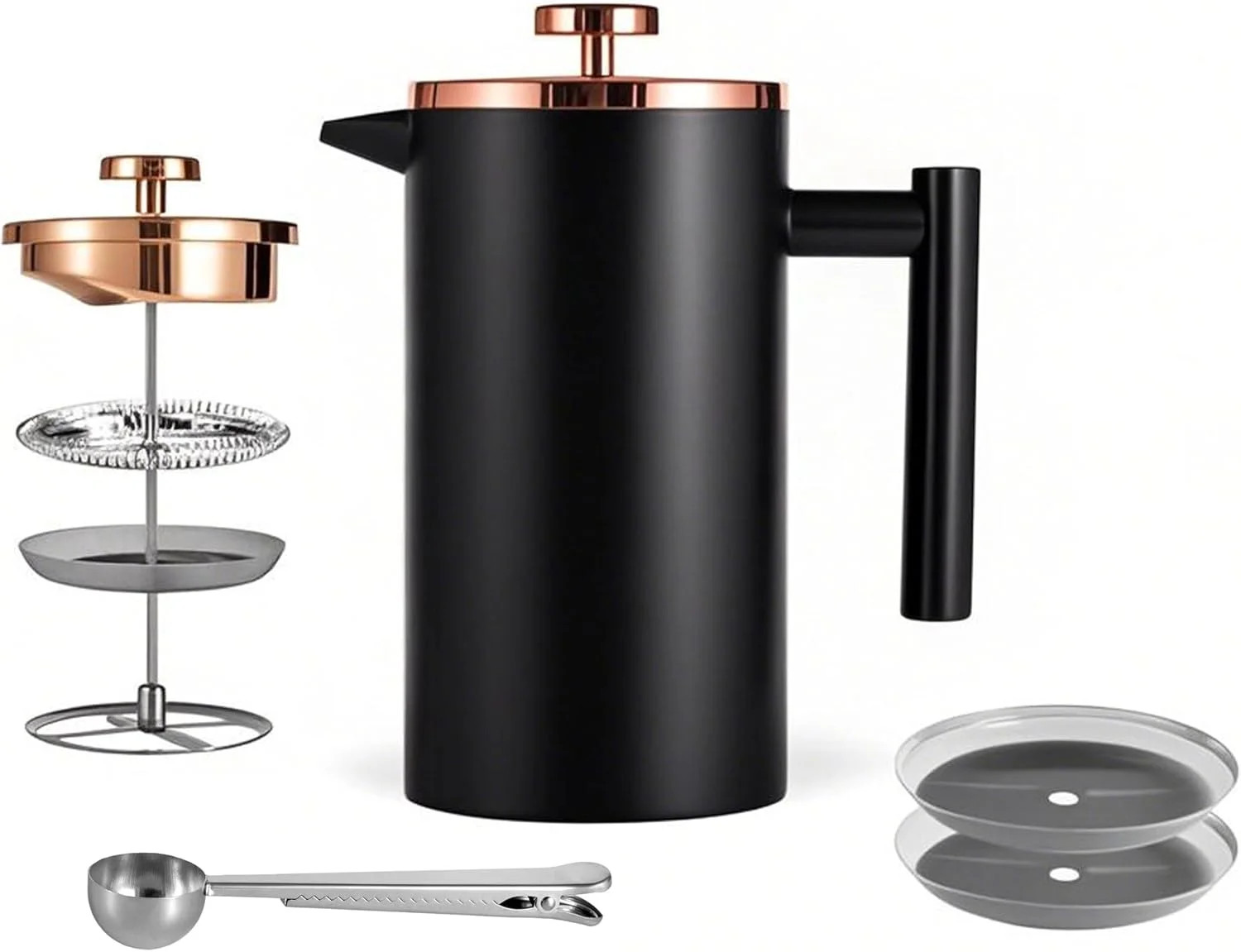 Small French Press Coffee Maker 350ml/12oz, Black Stainless Steel Double-Wall In