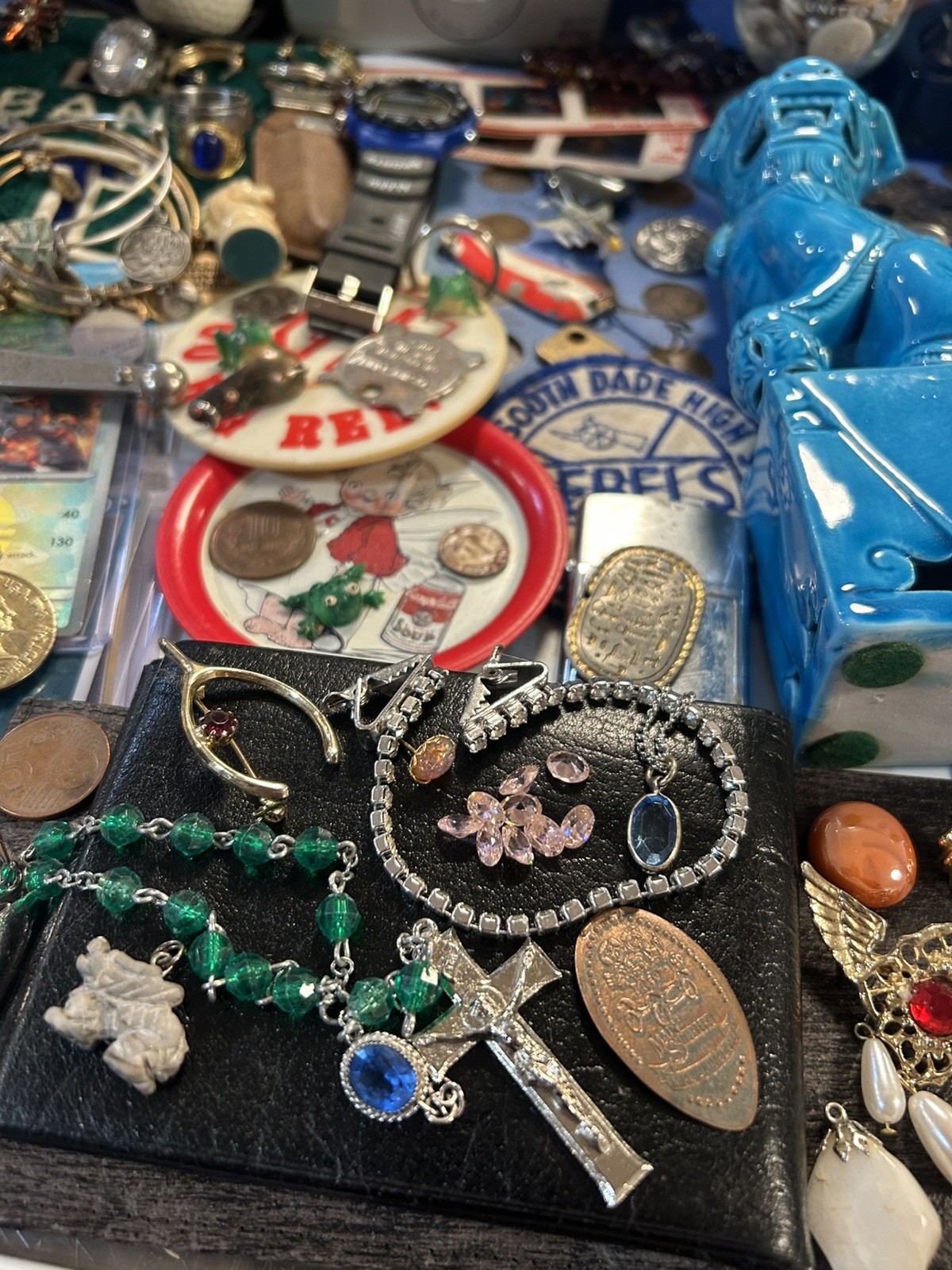 Vintage Junk drawer lot foo dog , jewelry, coins, + more read description