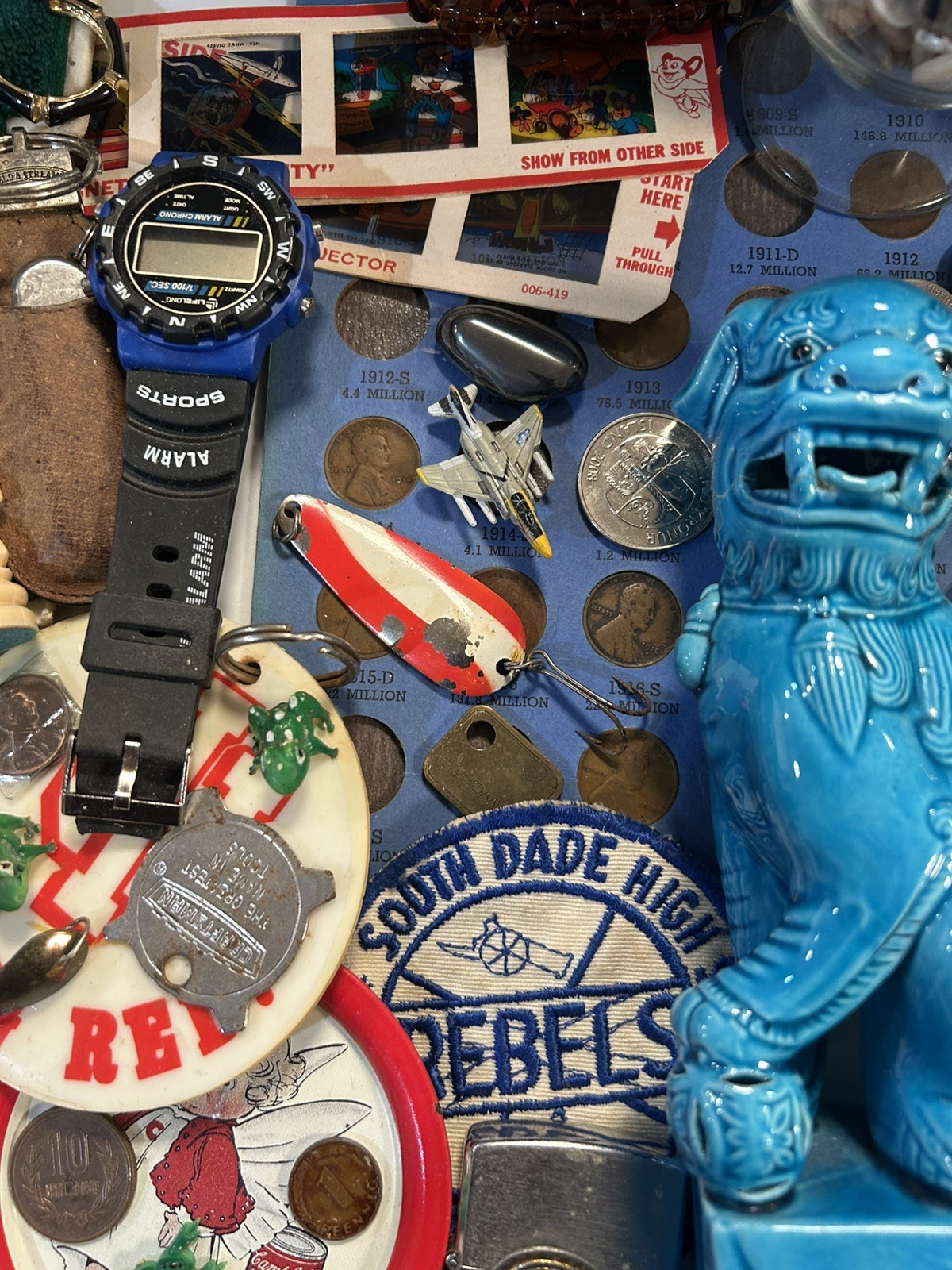 Vintage Junk drawer lot foo dog , jewelry, coins, + more read description
