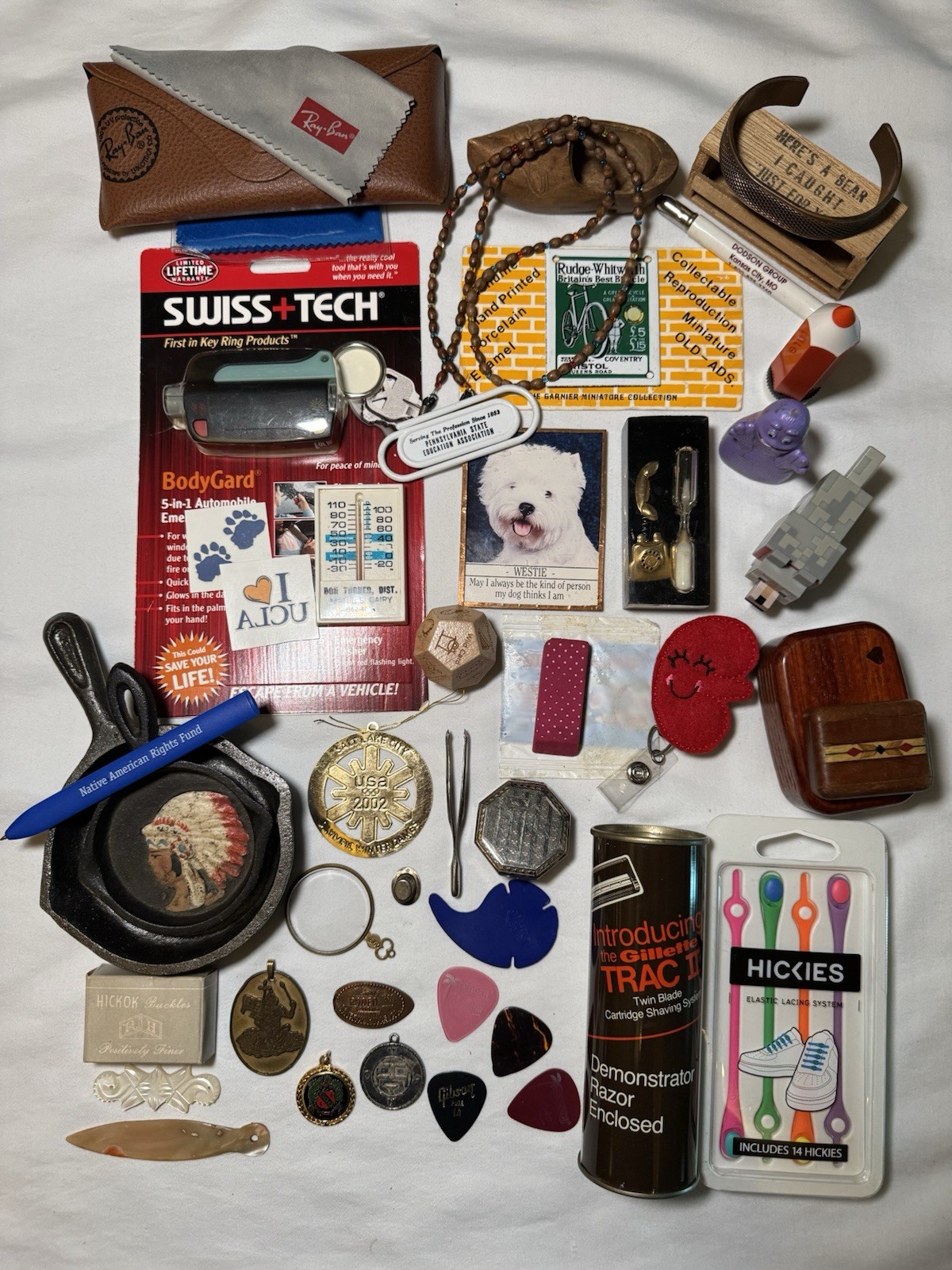 Vintage to Now Junk Drawer Lot Trinkets Treasure Ray Ban Case Sterling Top Hat