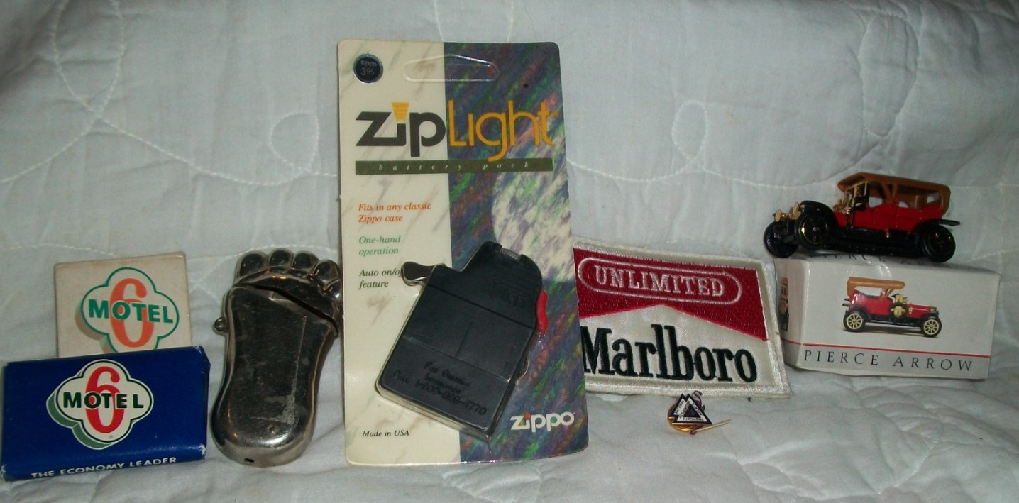 JUNK DRAWER LOT ZIPPO MARLBORO MOTEL 6 PIERCE ARROW CAR METAL FOOT LIGHTER COVER