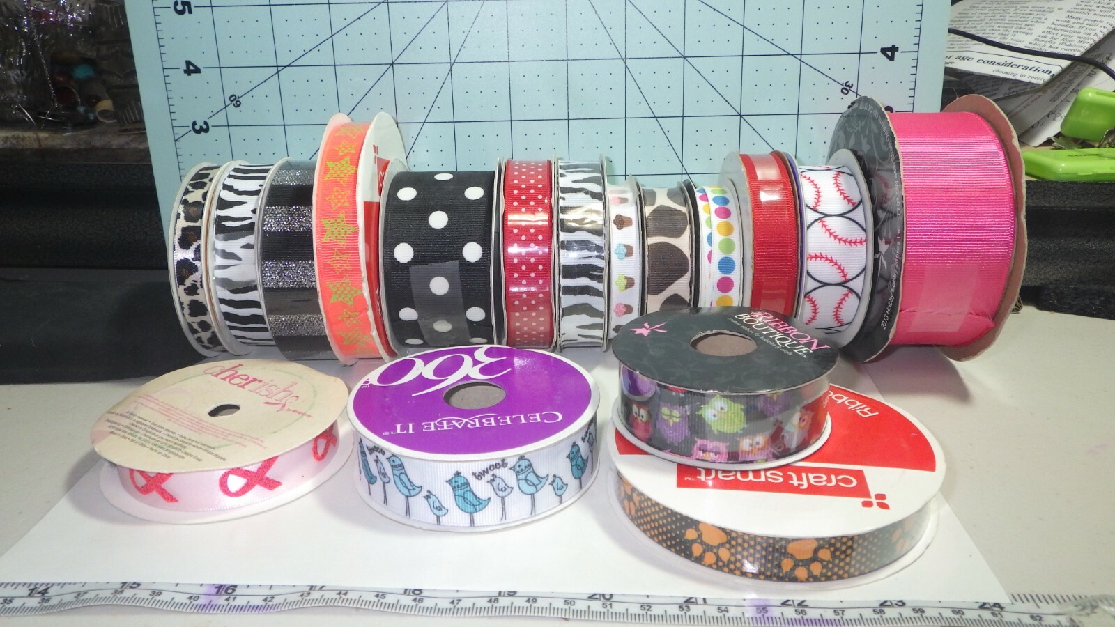 large variety of ribbons animal print dot sport dog print bird breast cancer owl