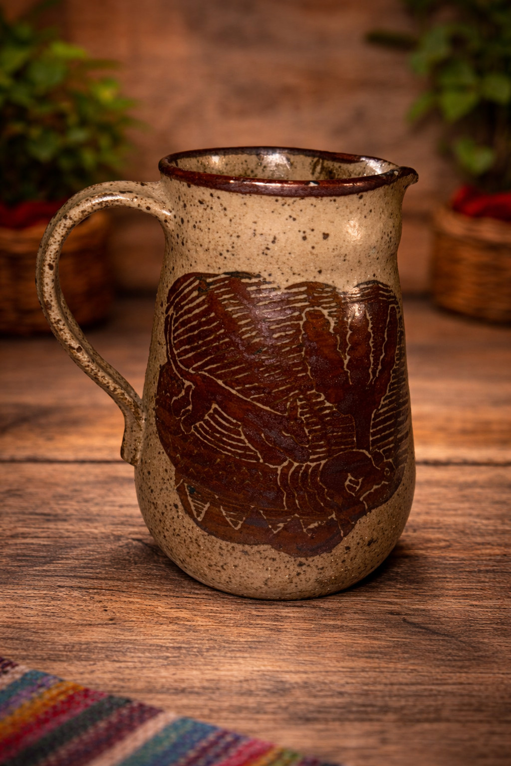 Vintage Stoneware Mini Pitcher Mug Creamer Sgraffito Bird Speckled Glaze Rustic