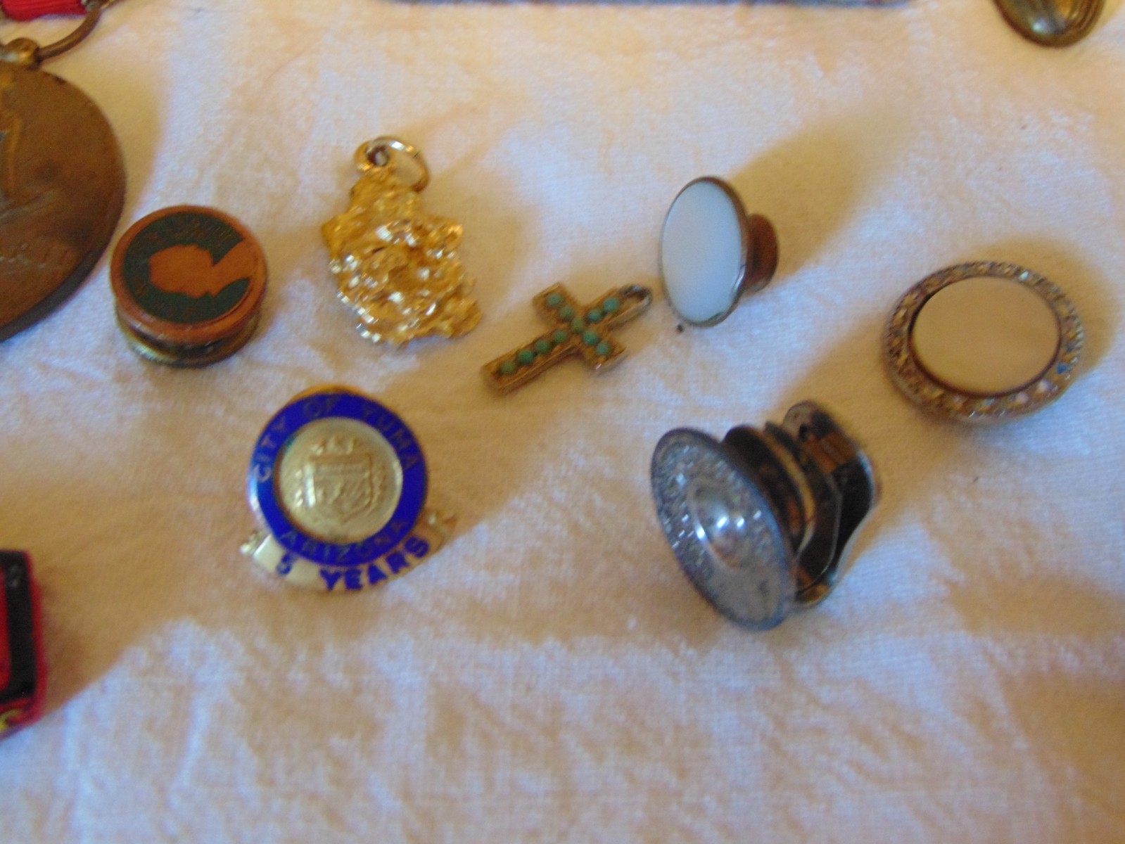 Vintage Junk Drawer Lot Watch Slide Chains Goofy Tools WW2 Medal Morse Bulova