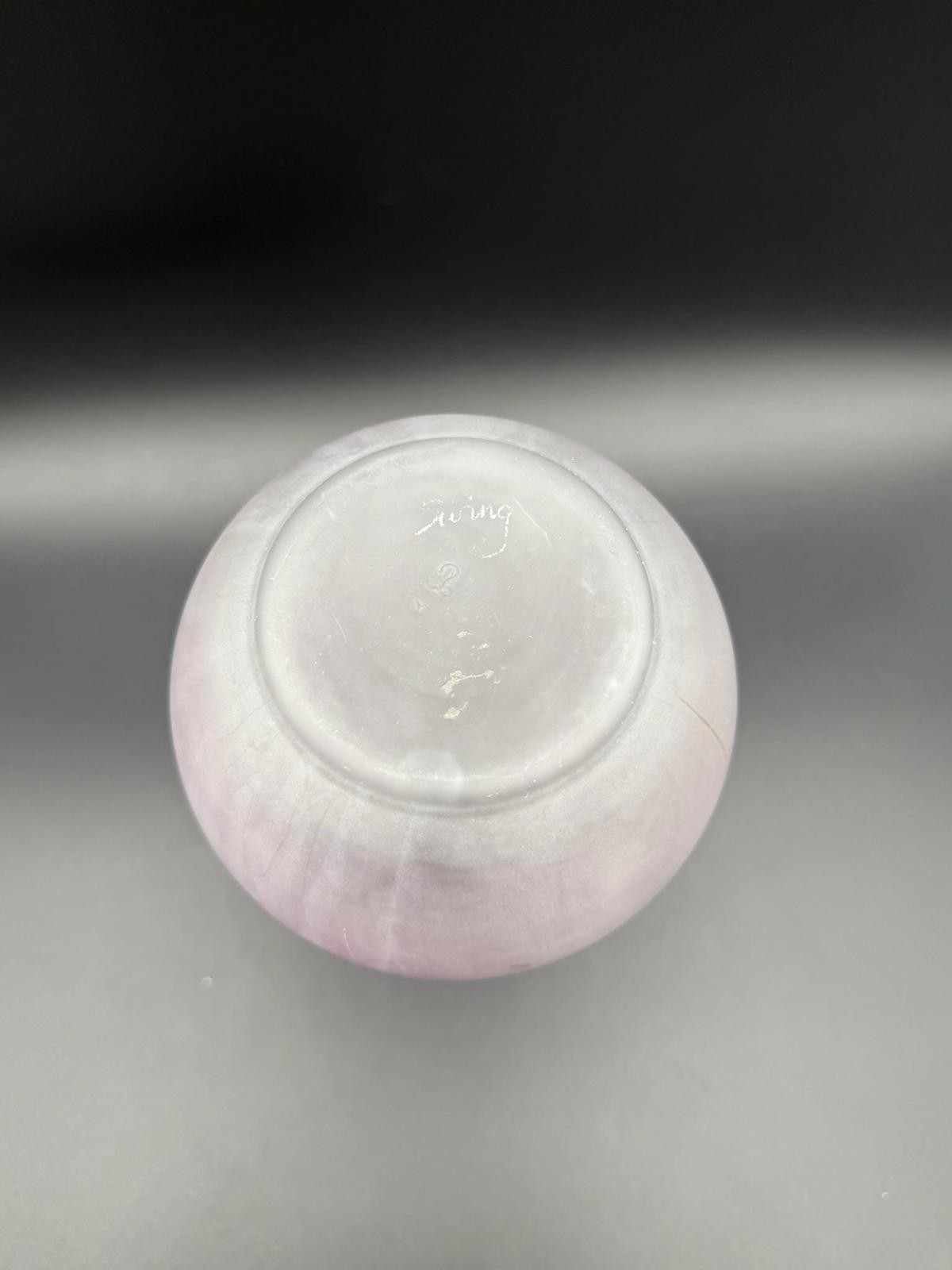 Hand Painted Ruevan Art Glass Vase – Frosted Satin with Purple Swirl, 9.5”