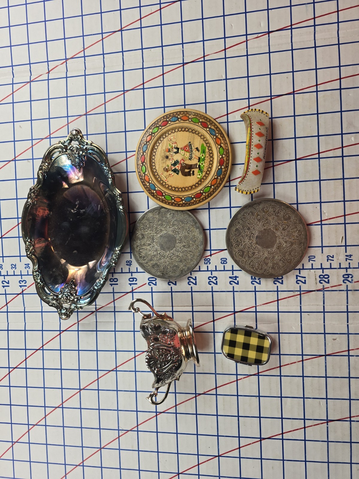 Vintage Misc Junk Drawer Collectibles Pill Container, Coasters, Metal Trays.