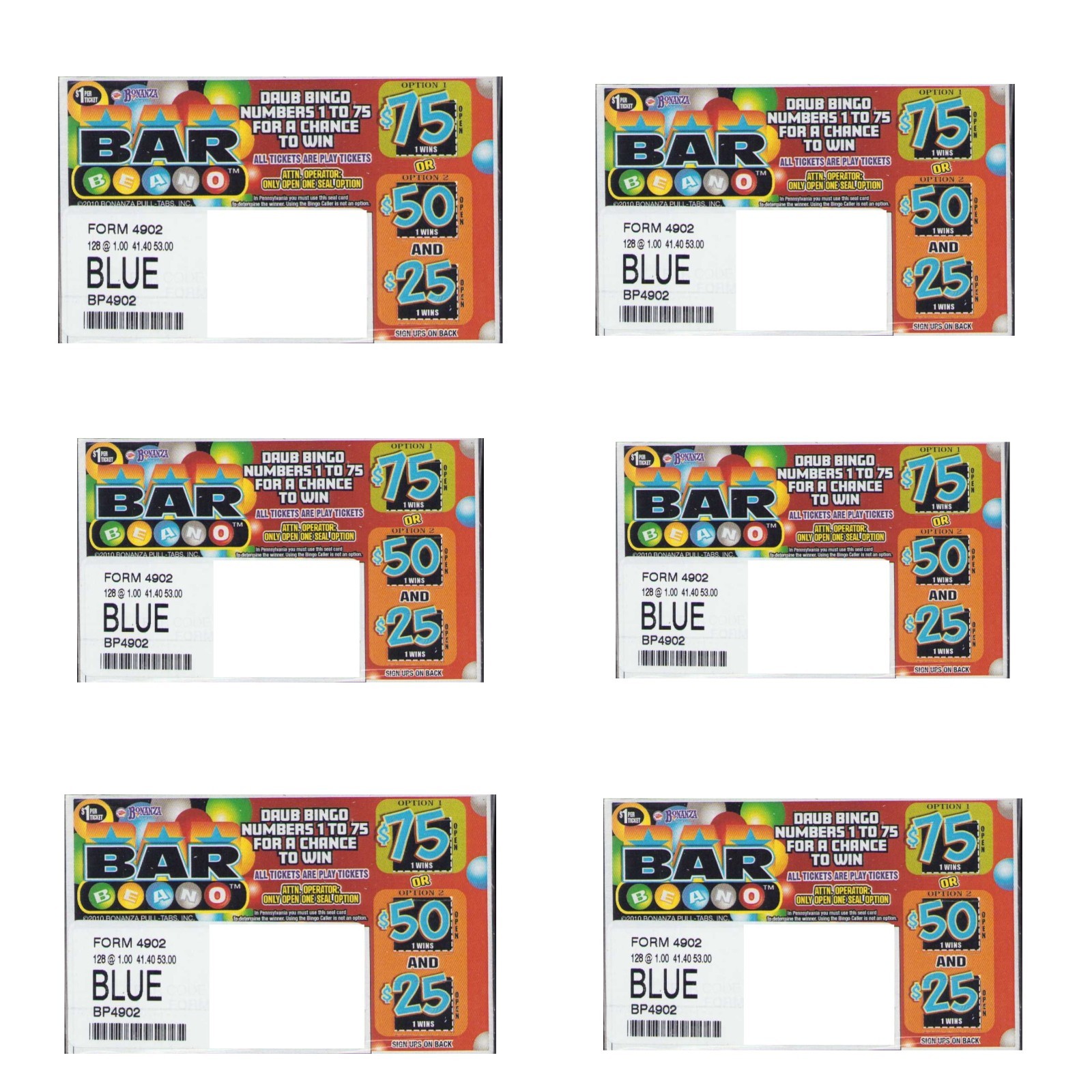 Pull Tab Ticket – Hard Card Tickets – Game – 6 Pack – Bar Beano – 128 ct ea