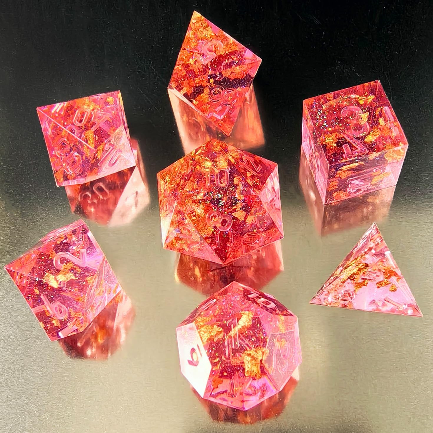 Unpainted Shimmery Sharp Edge DND Dice Set Gold Foil 7 Piece RPG Polyhedral Dice