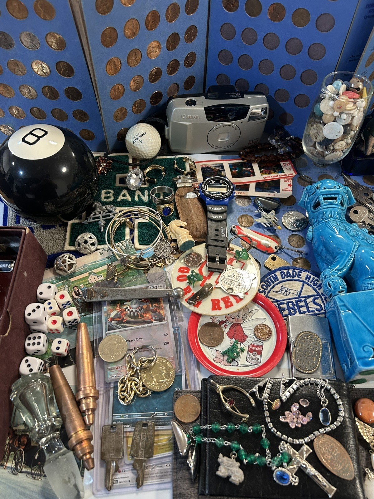 Vintage Junk drawer lot foo dog , jewelry, coins, + more read description