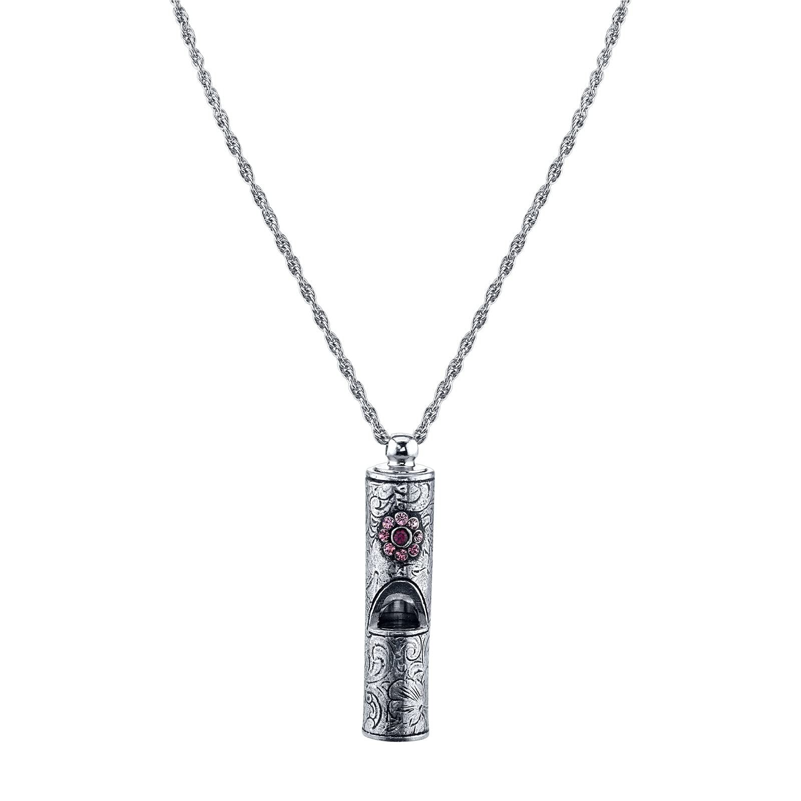 1928 Jewelry Antiqued Pewter Whistle With Flower Necklace 28 Inches