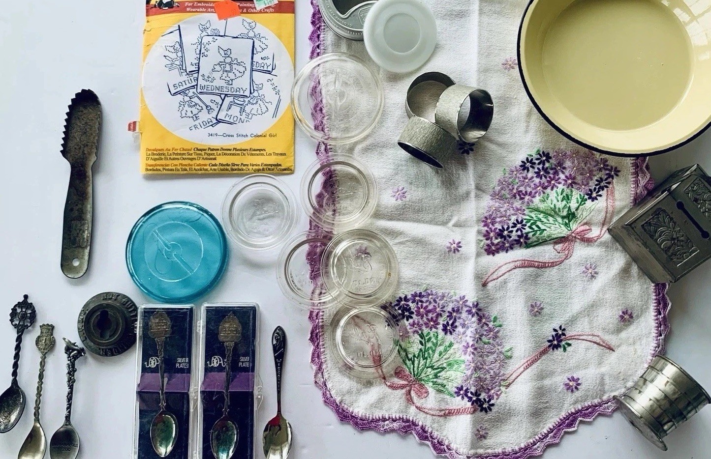 25 piece Vintage Kitchen Junk Drawer Canning Lids Embroidery Bank Butter Grinder