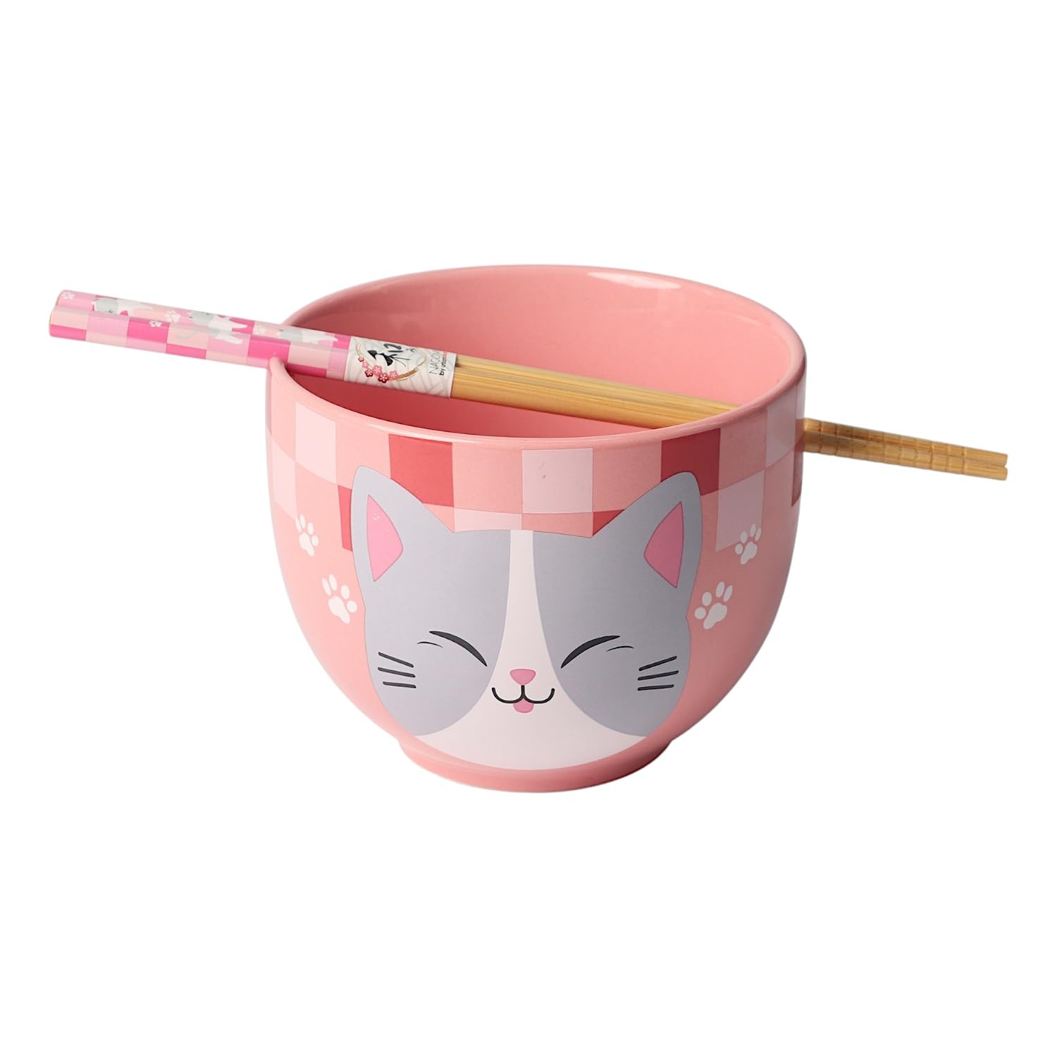 Urban Tokyo Neko Friends Ceramic Ramen Udon Bowl 18oz 5″ with Chopsticks Pink