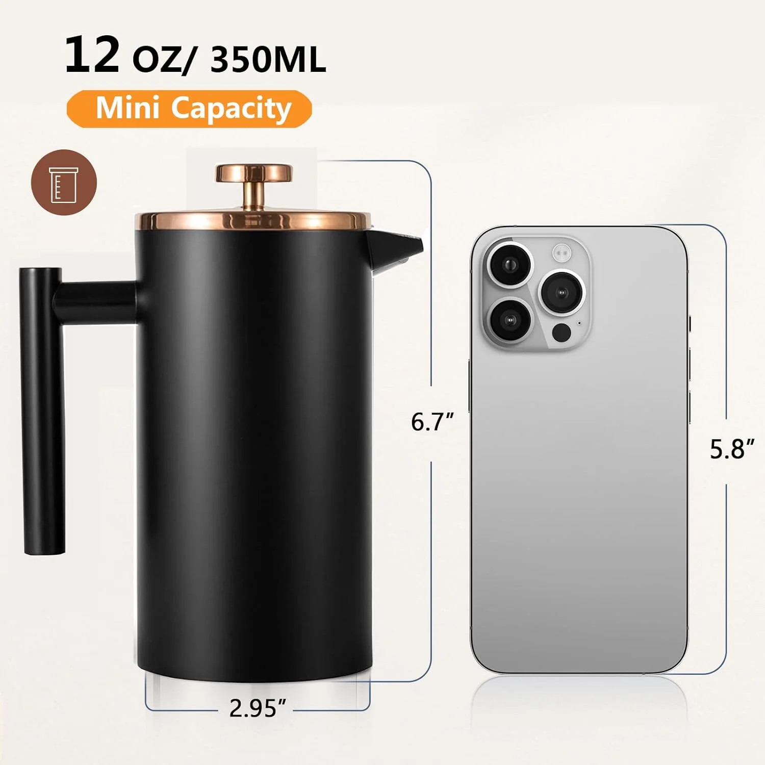 Small French Press Coffee Maker 350ml/12oz, Black Stainless Steel Double-Wall In
