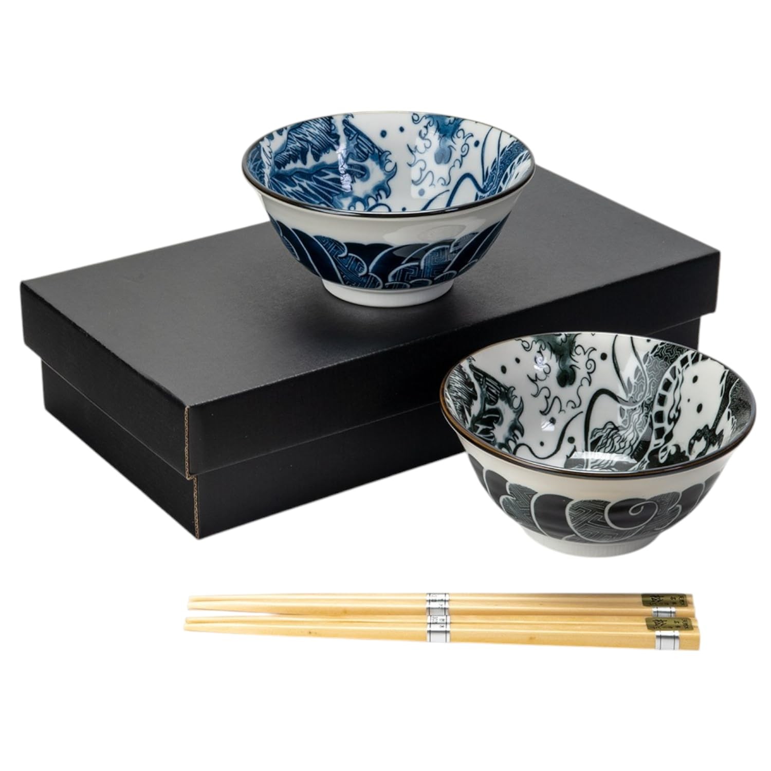 Mino Ware Japanese 5″ Tayo Bowl Set with Chopsticks, 16 oz, Dragon Wave