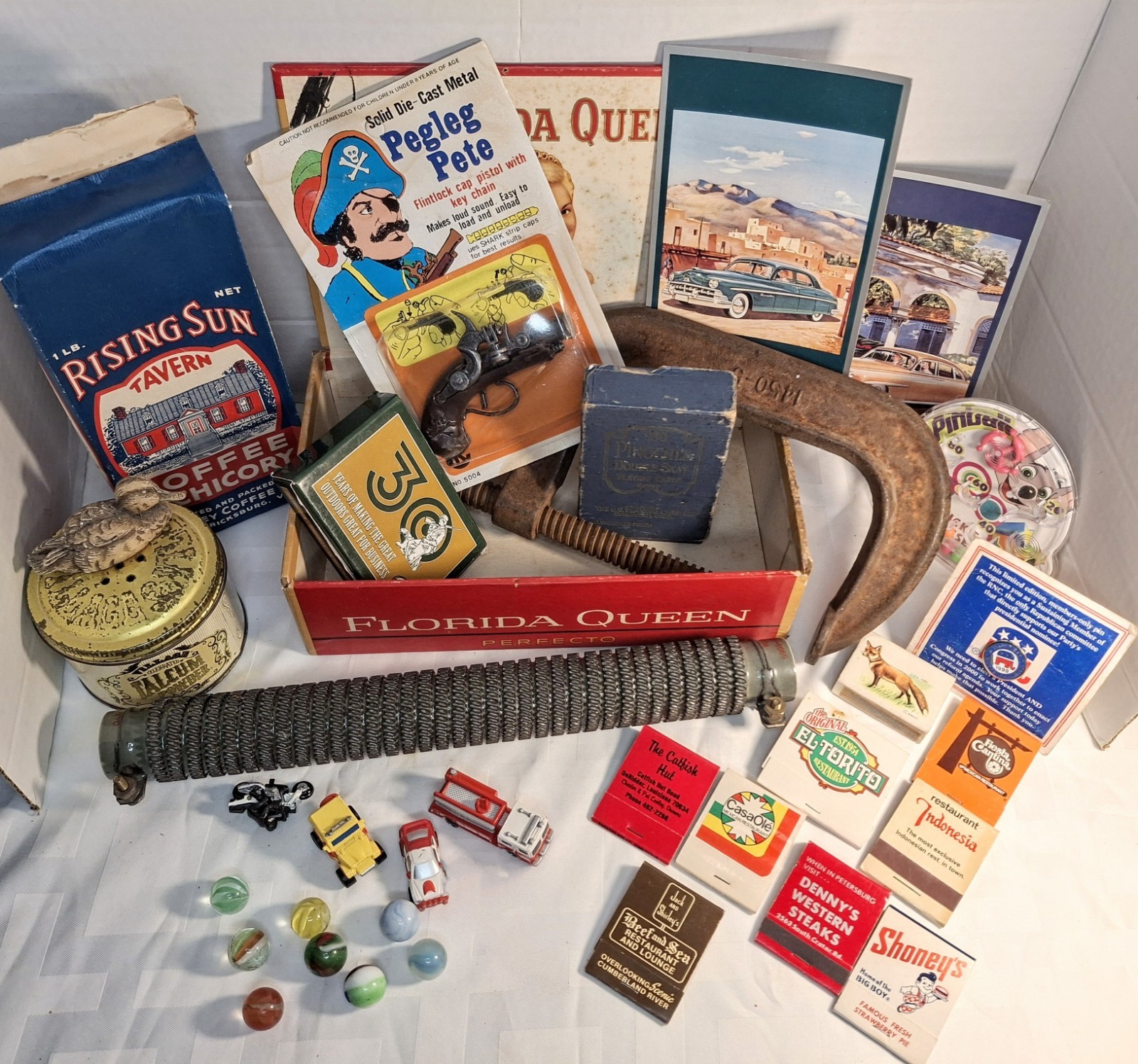 40+ Items Vintage Junk Drawer Lot Resistor, Marbles, Matches, Die Cast Flintlock
