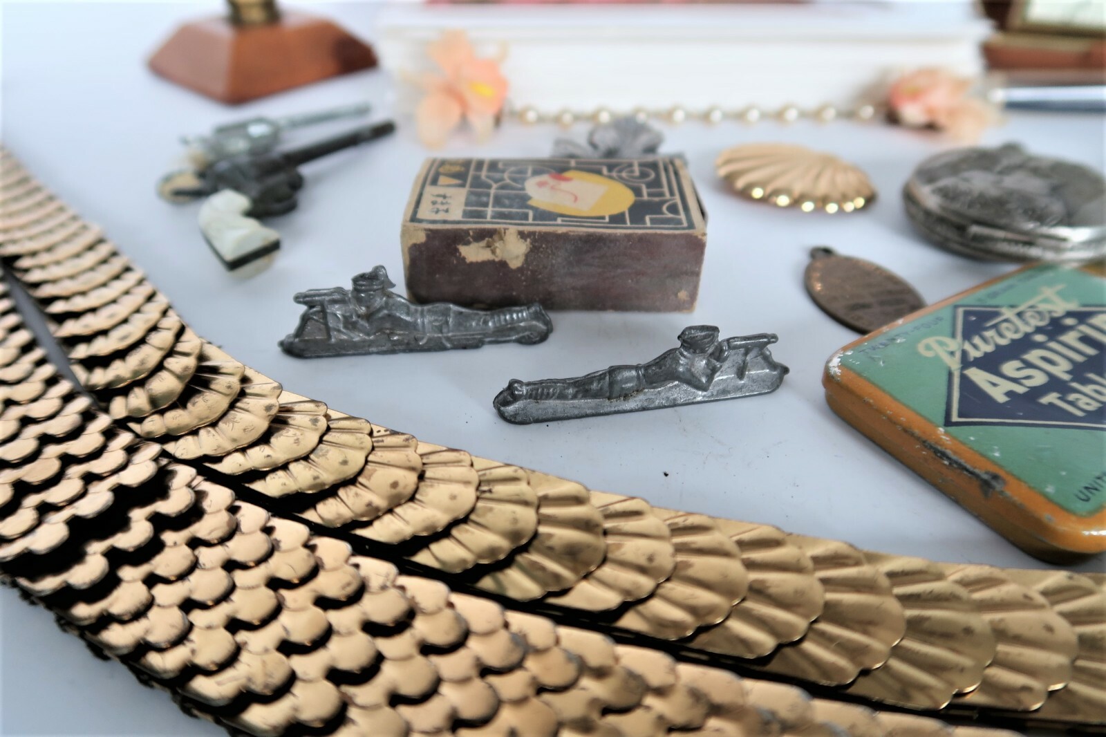Junk Drawer Lot Belt, Rosary, Slides, Fan, Seth Thomas Clock, Vtg Ad Tins & More