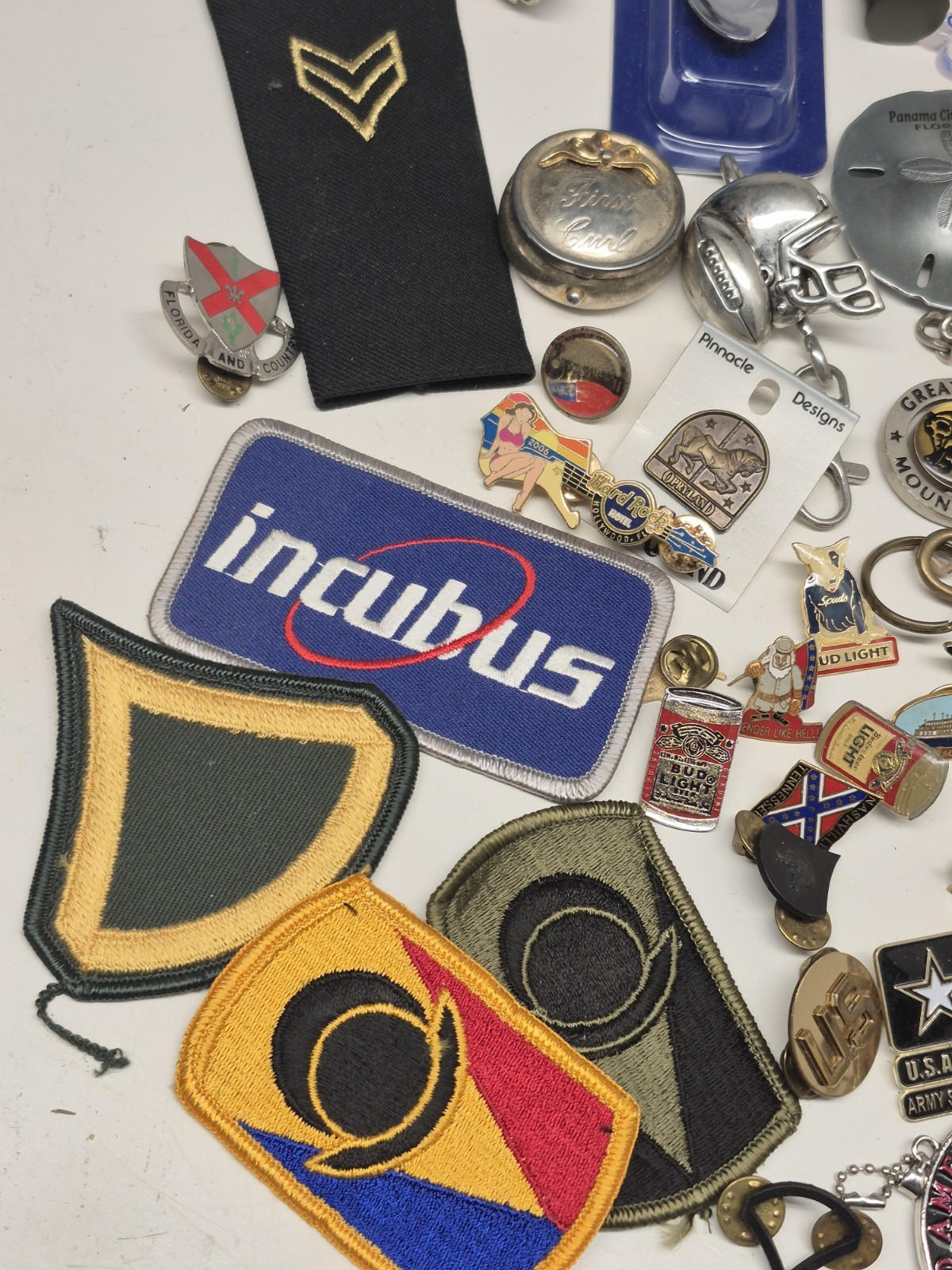 Mans Junk Drawer Trinket Lot Pins Patches Keychains Military