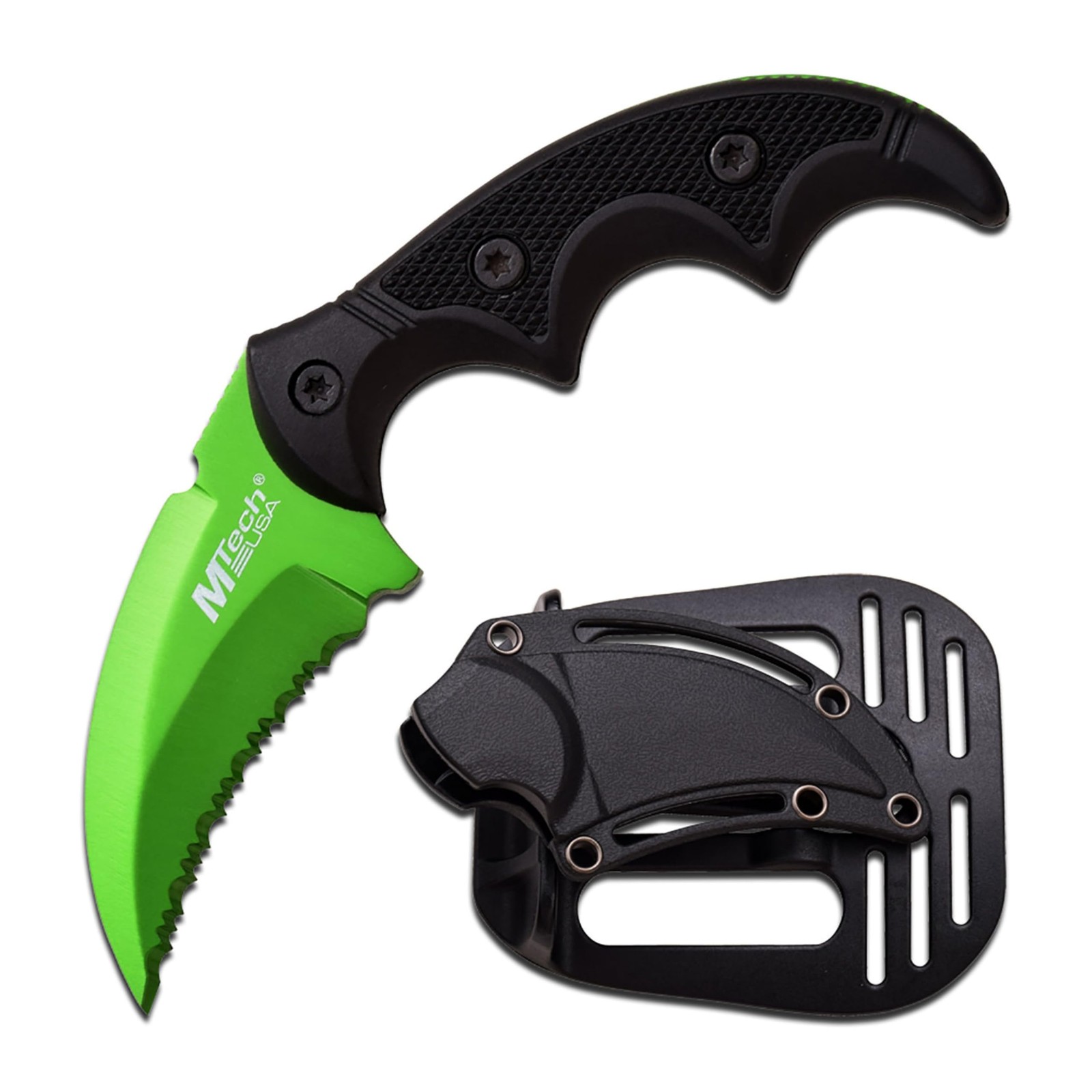 MTECH USA Hawkbill Fixed Blade Knife Green Serrated Tactical Sheath MT-20-63GN