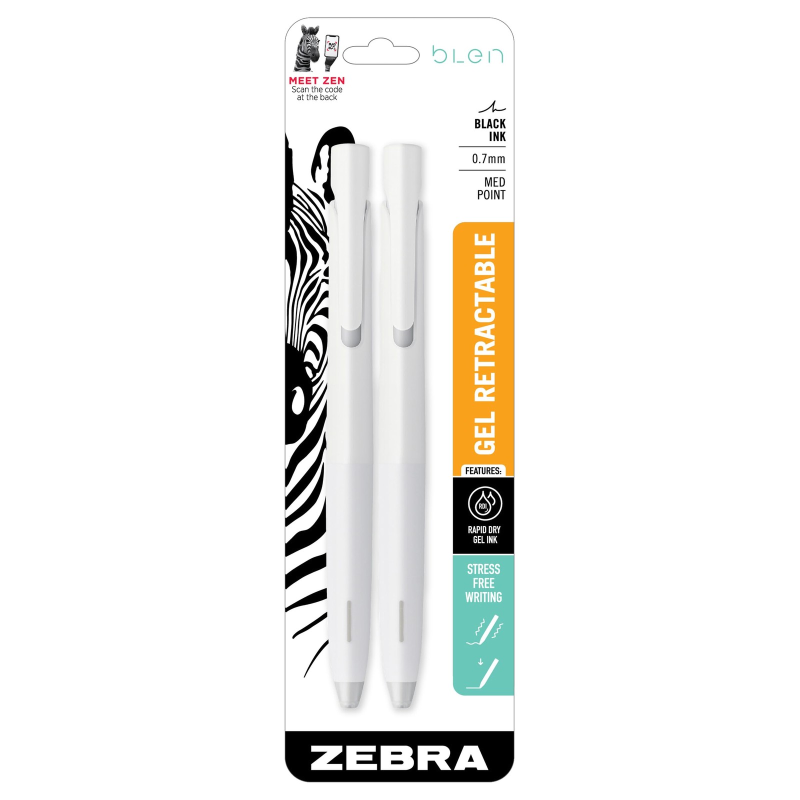 Zebra bLen Retractable Gel Pen, 0.7mm Medium, Black Ink, White Barrel, 2-Pack