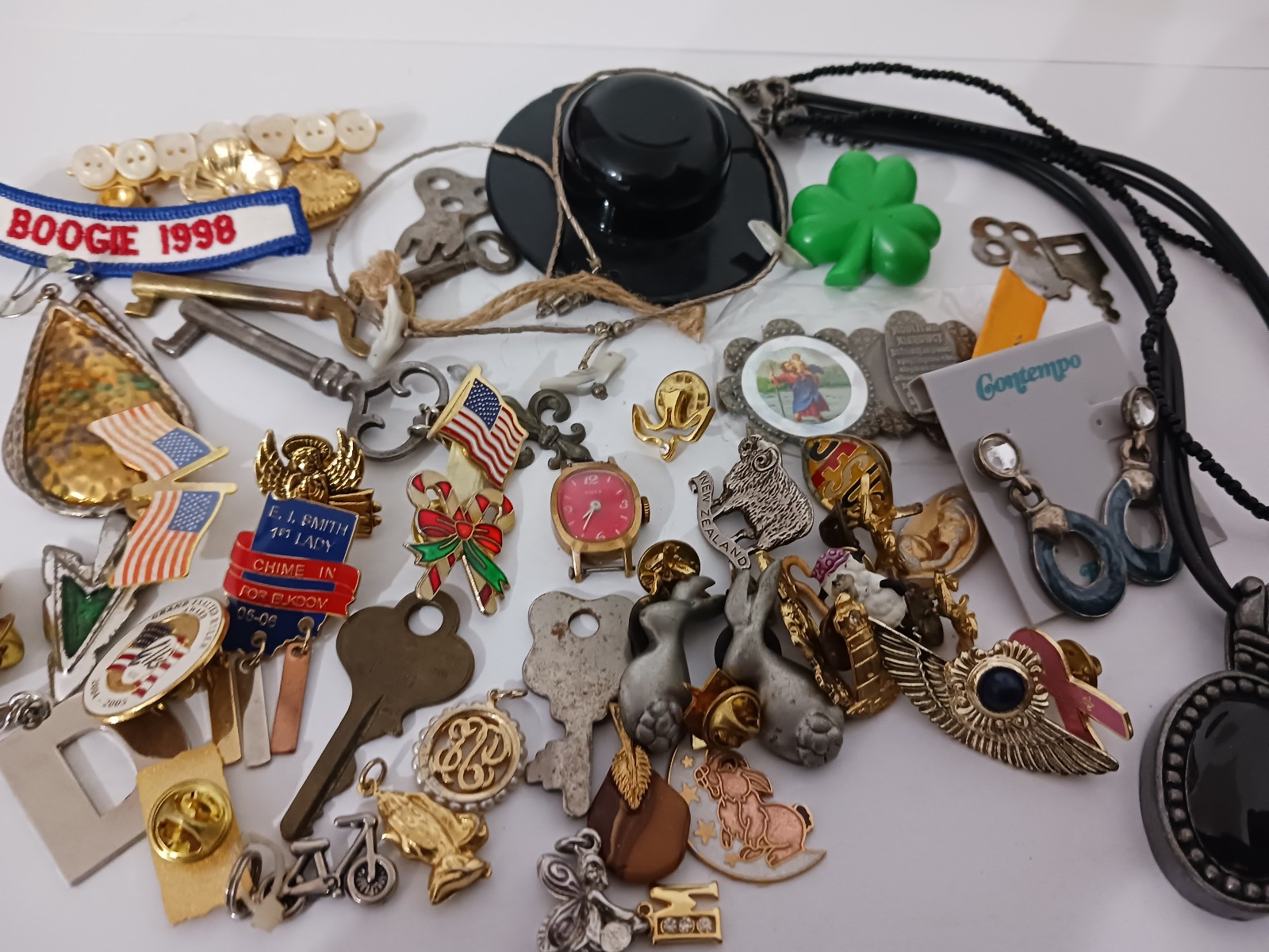 Junk Drawer Lot Skeleton Keys Earrings Pins Necklace Pendants Parts Animals Flag