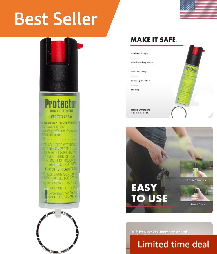 Protector Dog Spray with Key Ring, 14 Bursts, 12-Foot 4-Meter Range, Humane D…