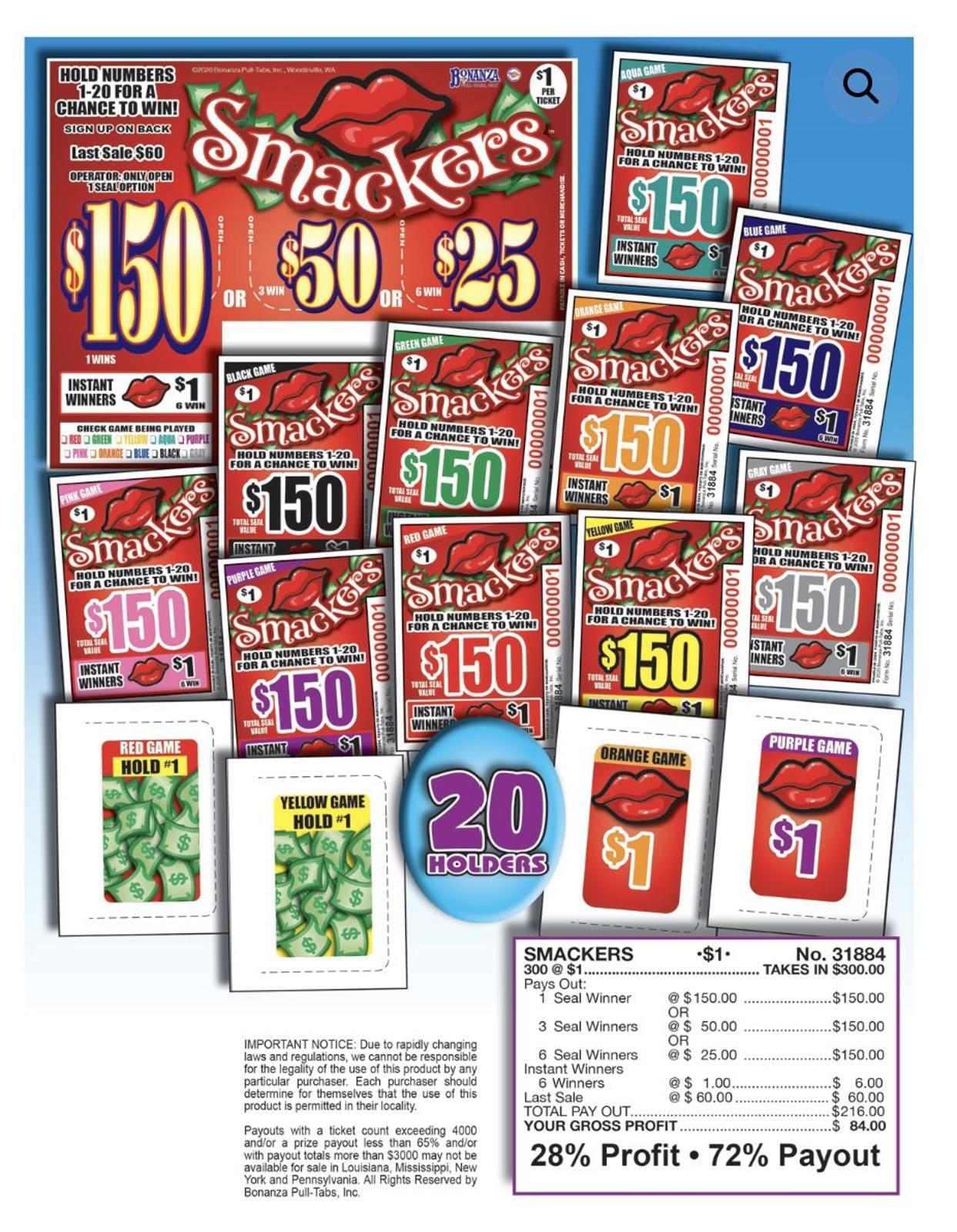 Pull Tab Ticket – Hard Card Tickets – Game – Smackers 300 ct