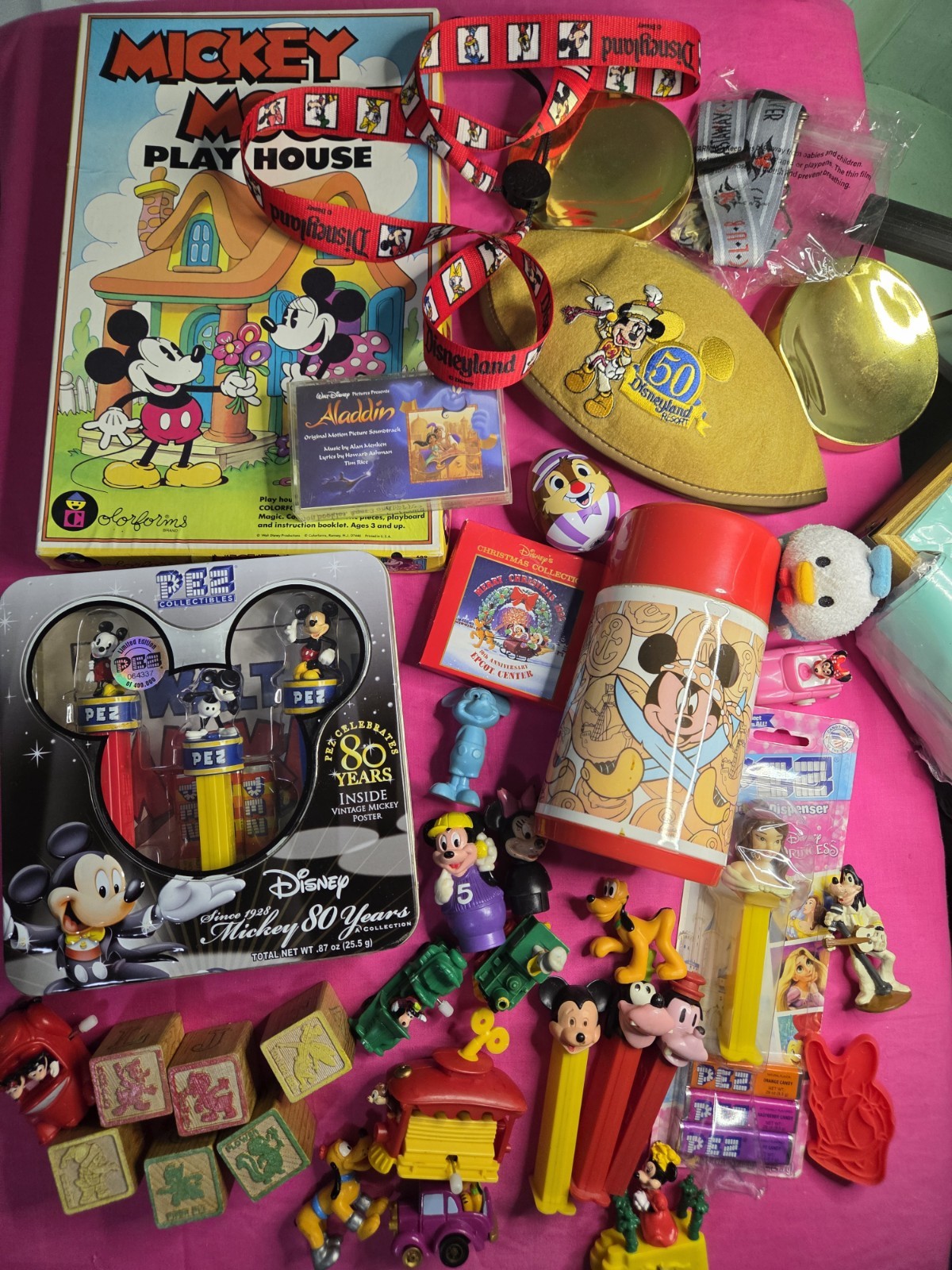 Junk Drawer Mixed Lot vtg toys DISNEY: pez Colorforms Wind UP Thermos
