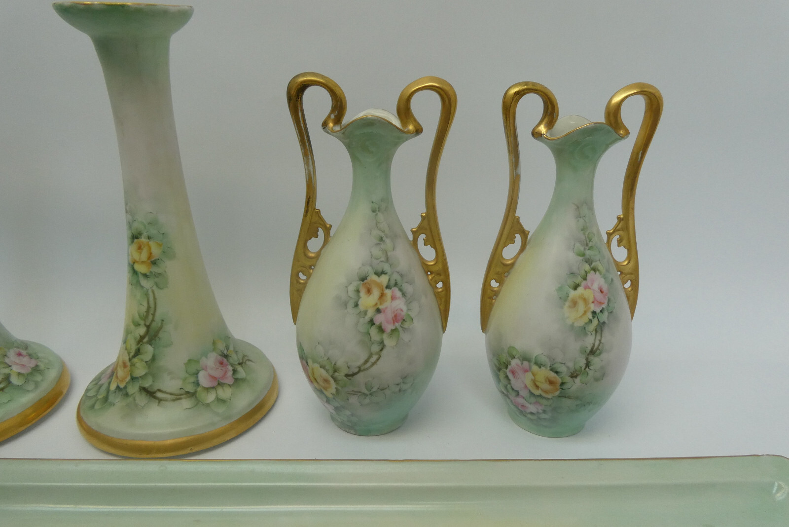 Ceramic Green Gold Apple Blossom Floral Pattern Tray Bud Vases Candle Holders