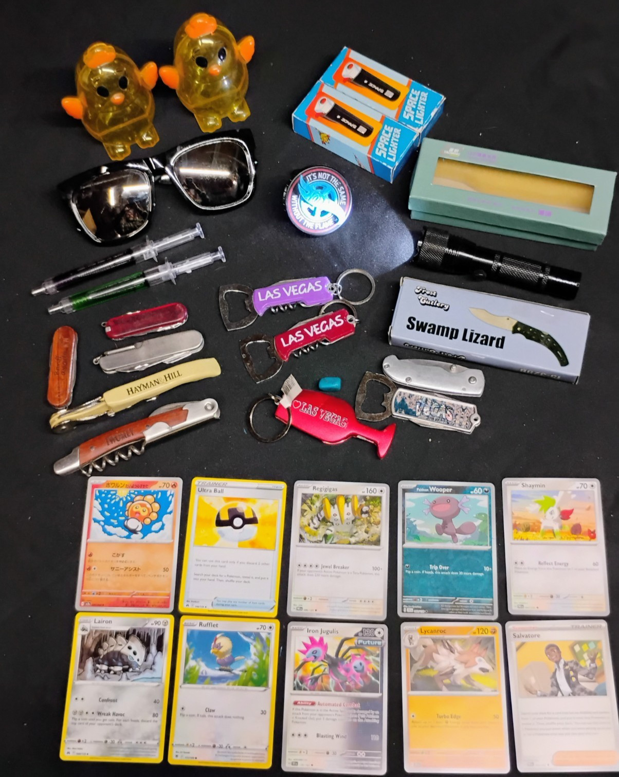 Collectible Junk Drawer Lot Pokémon Hot Wheels Las Vegas Led Knife Space Lighter