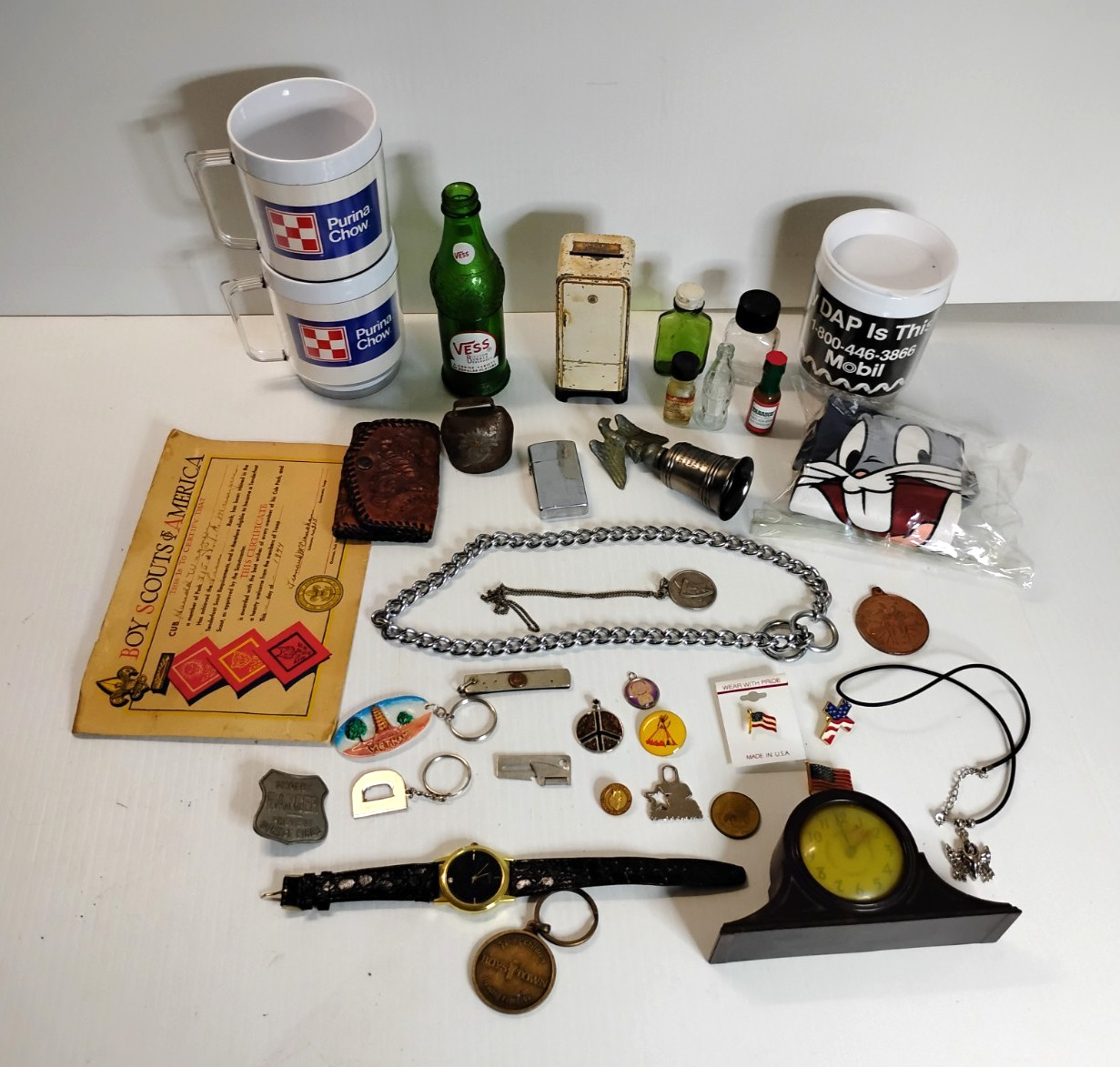 38 PC Vintage Junk Drawer Smalls Metal Pin Back Bell Clock Bank Token Zippo