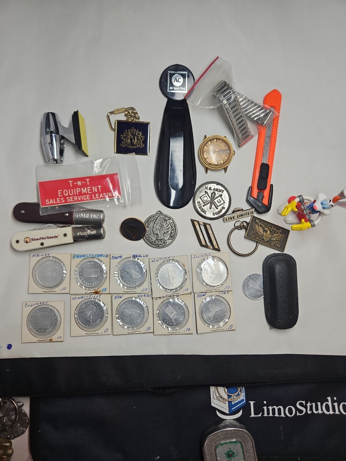 Vintage Grandpa’s Junk Drawer Estate Lot Knives Coins Watch Pins Mixed