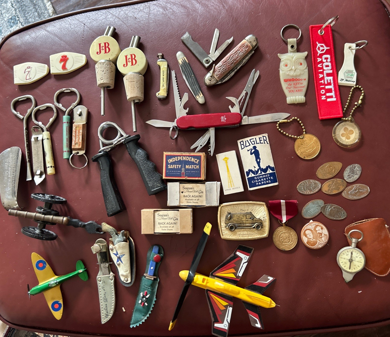 Vtg Junk Drawer Lot Pocket Knives Bottle Openers Planes Cannon Wanderer Compass+