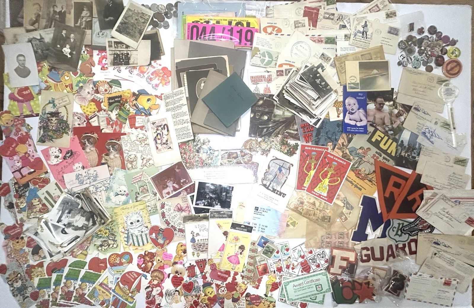 Eclectic Junk Drawer Lot Vintage Ephemera + Chachskis: Photos Cards Pins Patches
