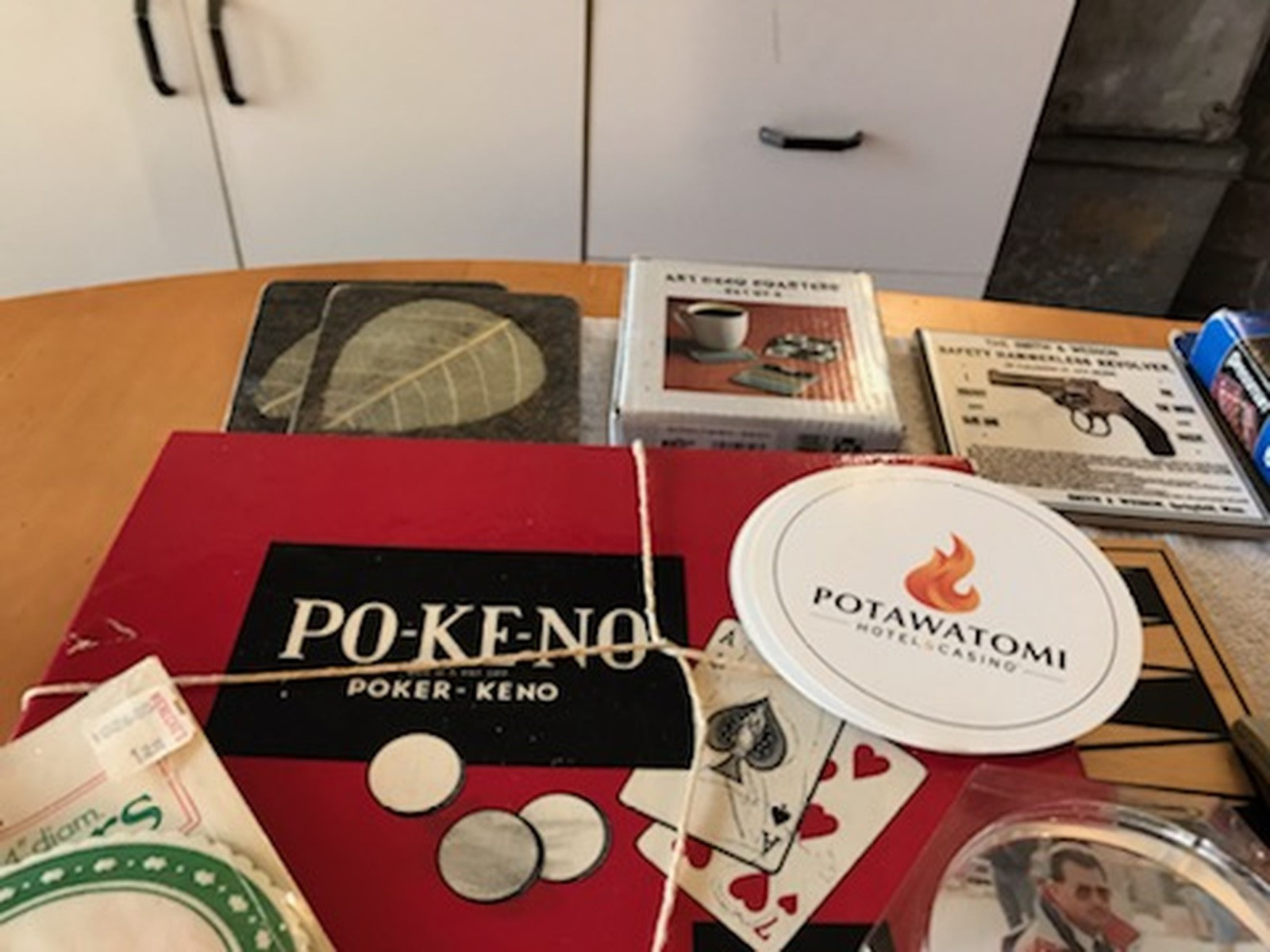 VINTAGE JUNK DRAWER LOT Cards, Board Game, Dice, Hand Games, Coasters, more