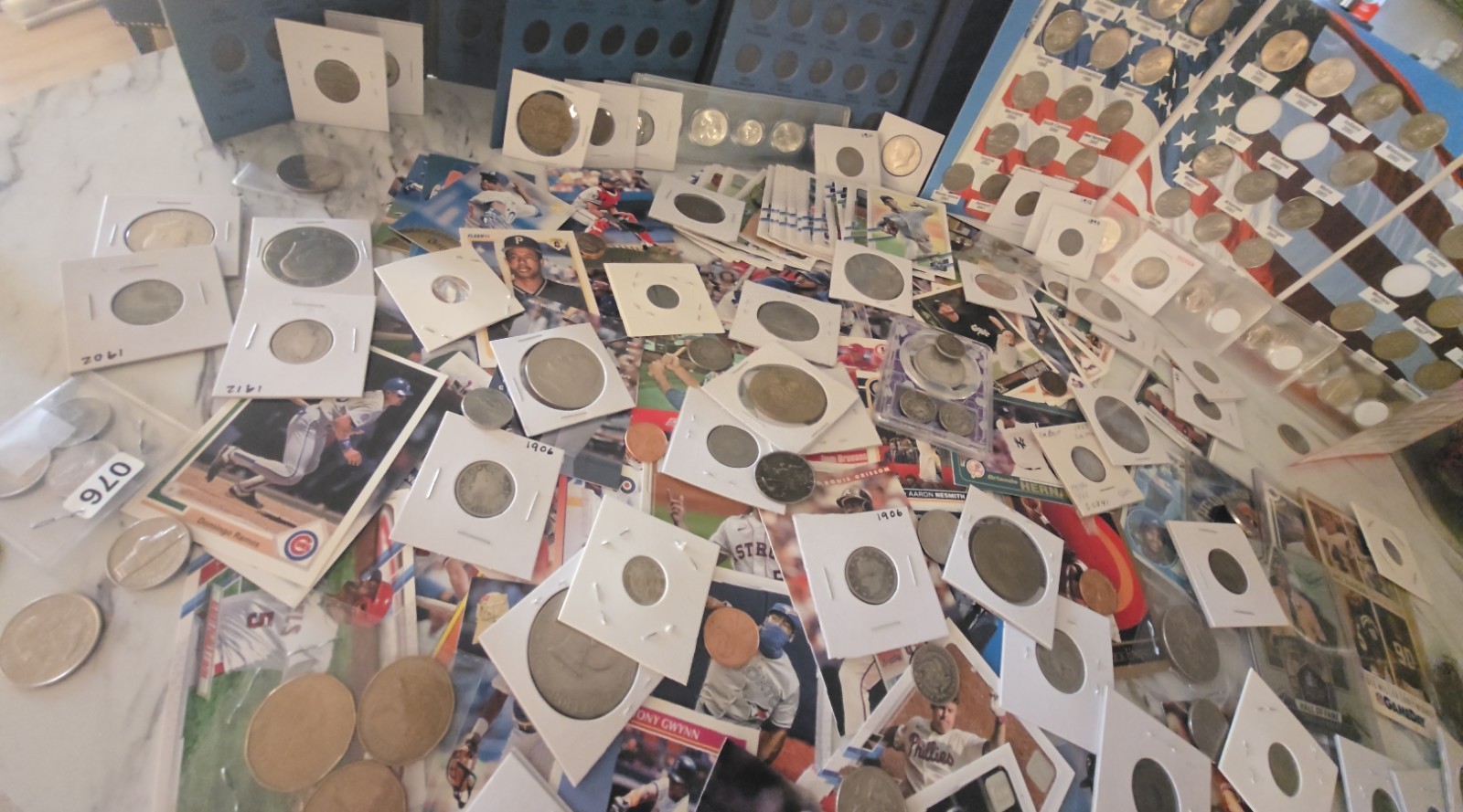 Estate Coin Junk Drawer Lot Mixed US Foreign Coins Albums Sports Cards ++