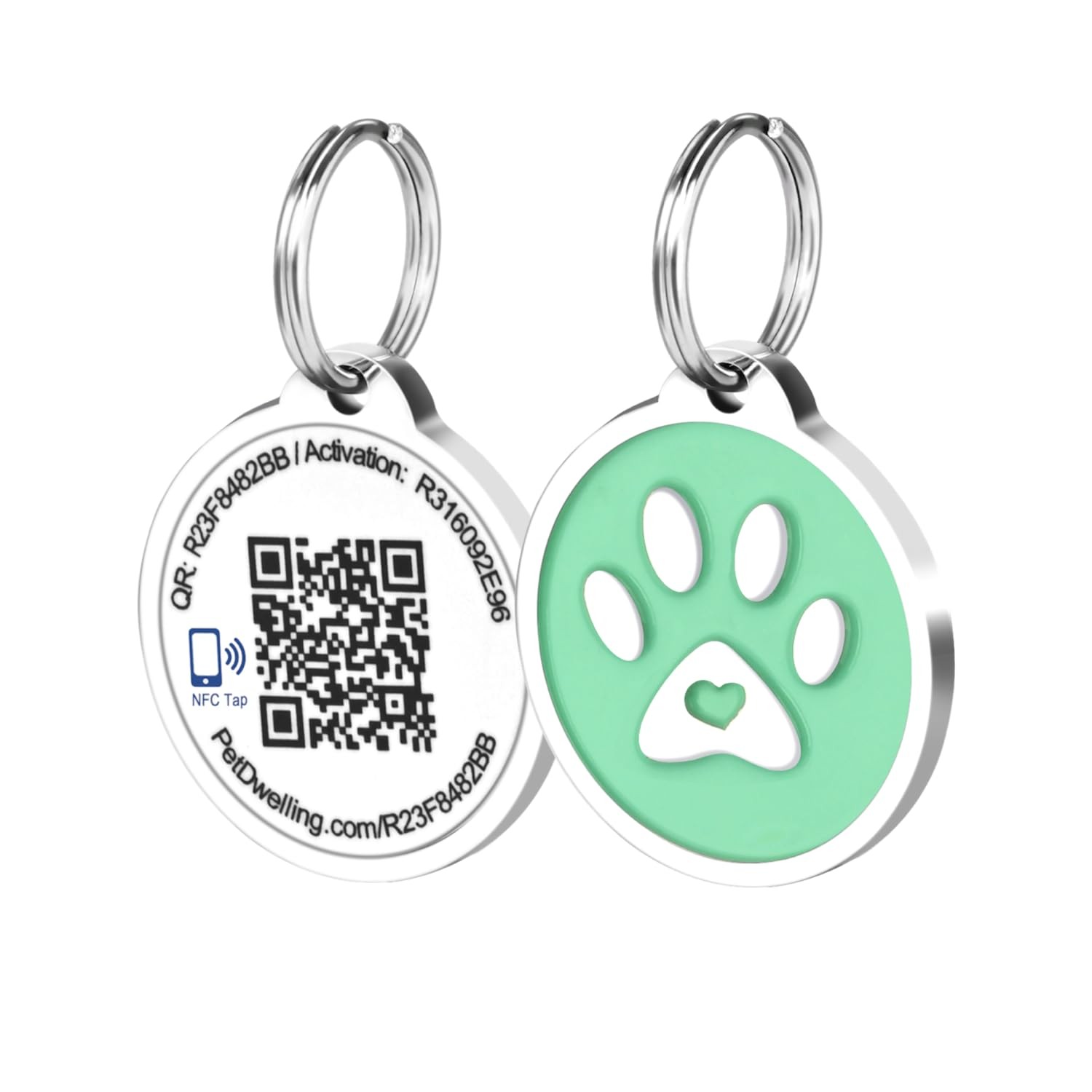 Pet Dwelling Smart QR NFC Pet ID Tag Dog Cat GPS Online Profile Mint Green Paw