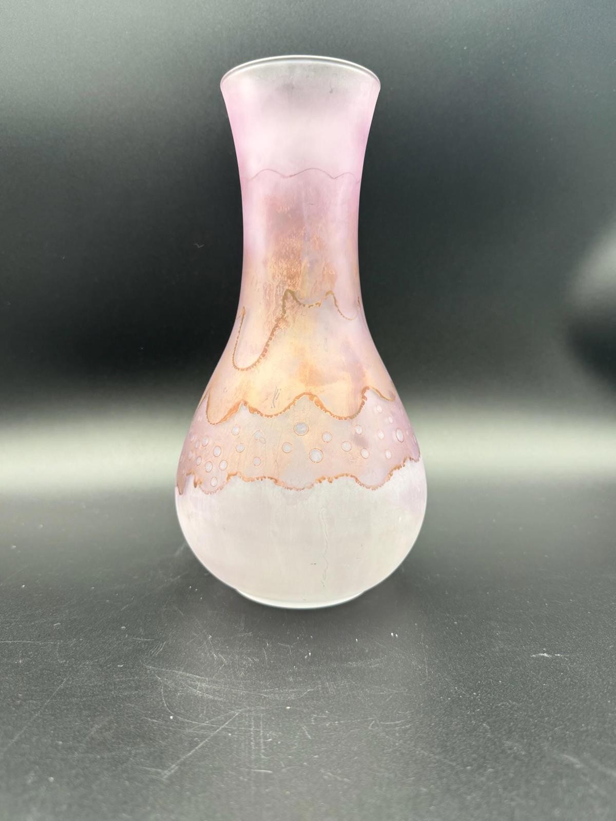 Hand Painted Ruevan Art Glass Vase – Frosted Satin with Purple Swirl, 9.5”