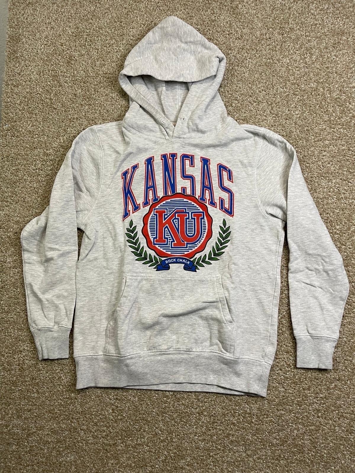 Y2K Kansas Jayhawks ROCK CHALK Campus Hoodie Sweatshirt (Men’s Small) Gray