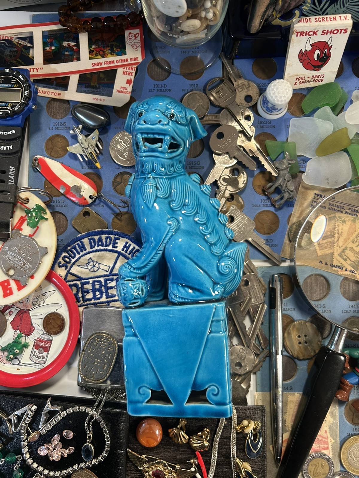 Vintage Junk drawer lot foo dog , jewelry, coins, + more read description