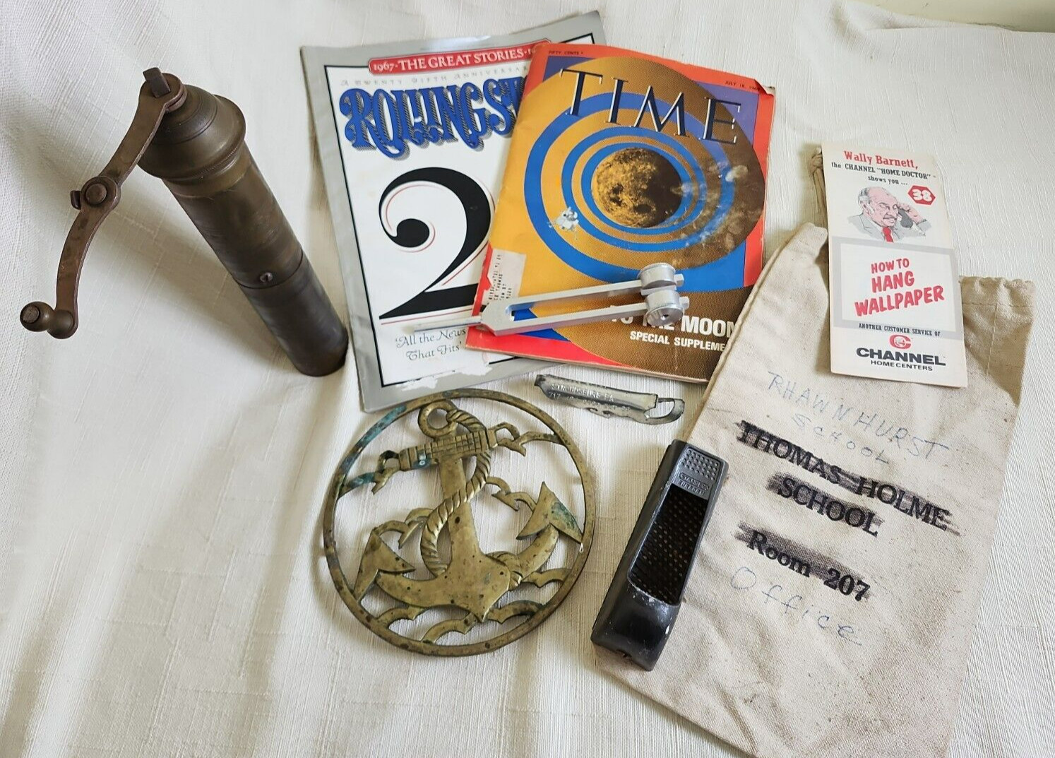 Vintage Junk Drawer Lot #10, Metal and Paper Items, Magazines, Trivets, Coin Bag