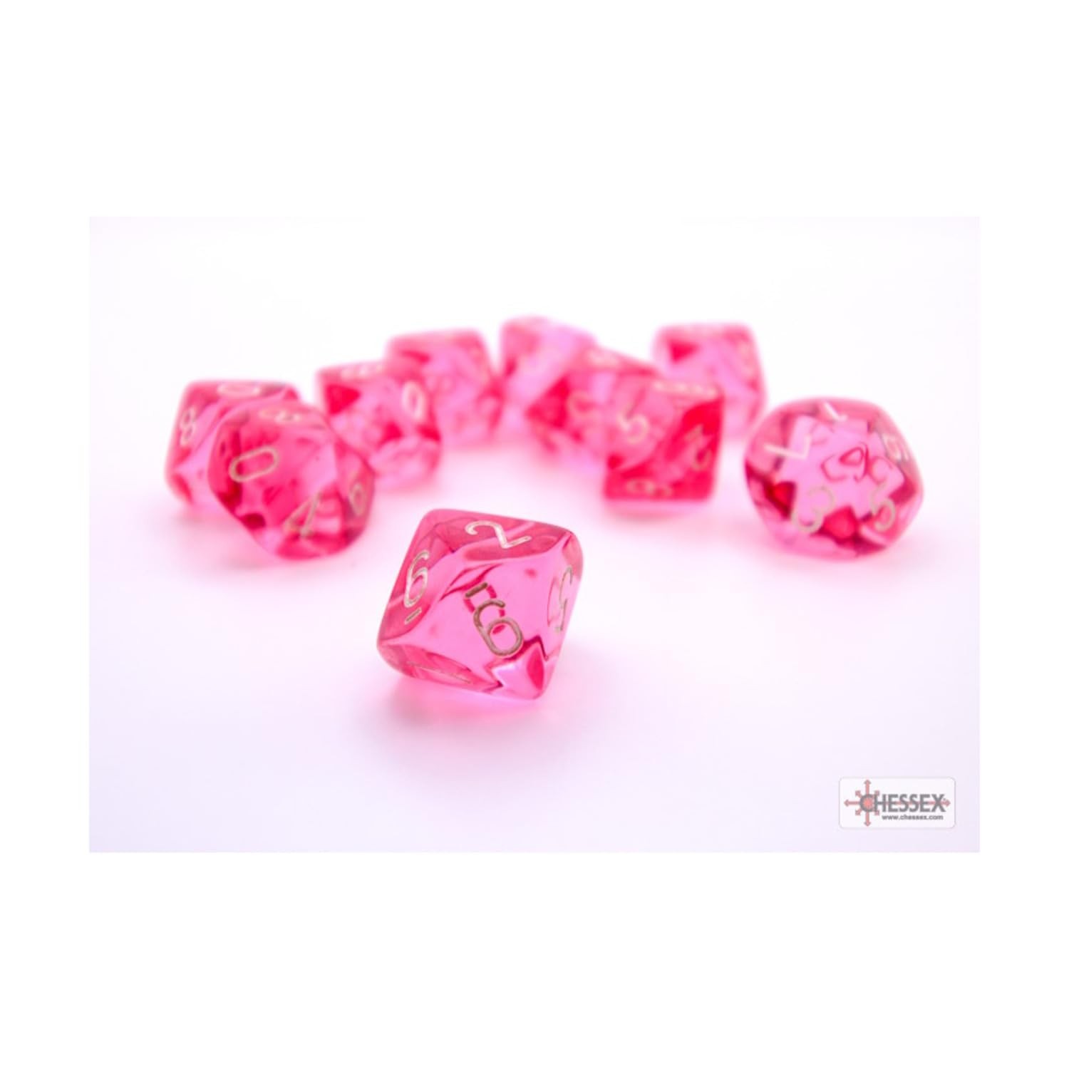 Chessex Pink Translucent D10 Dice Set, White Numbers, 16mm, Set of 10