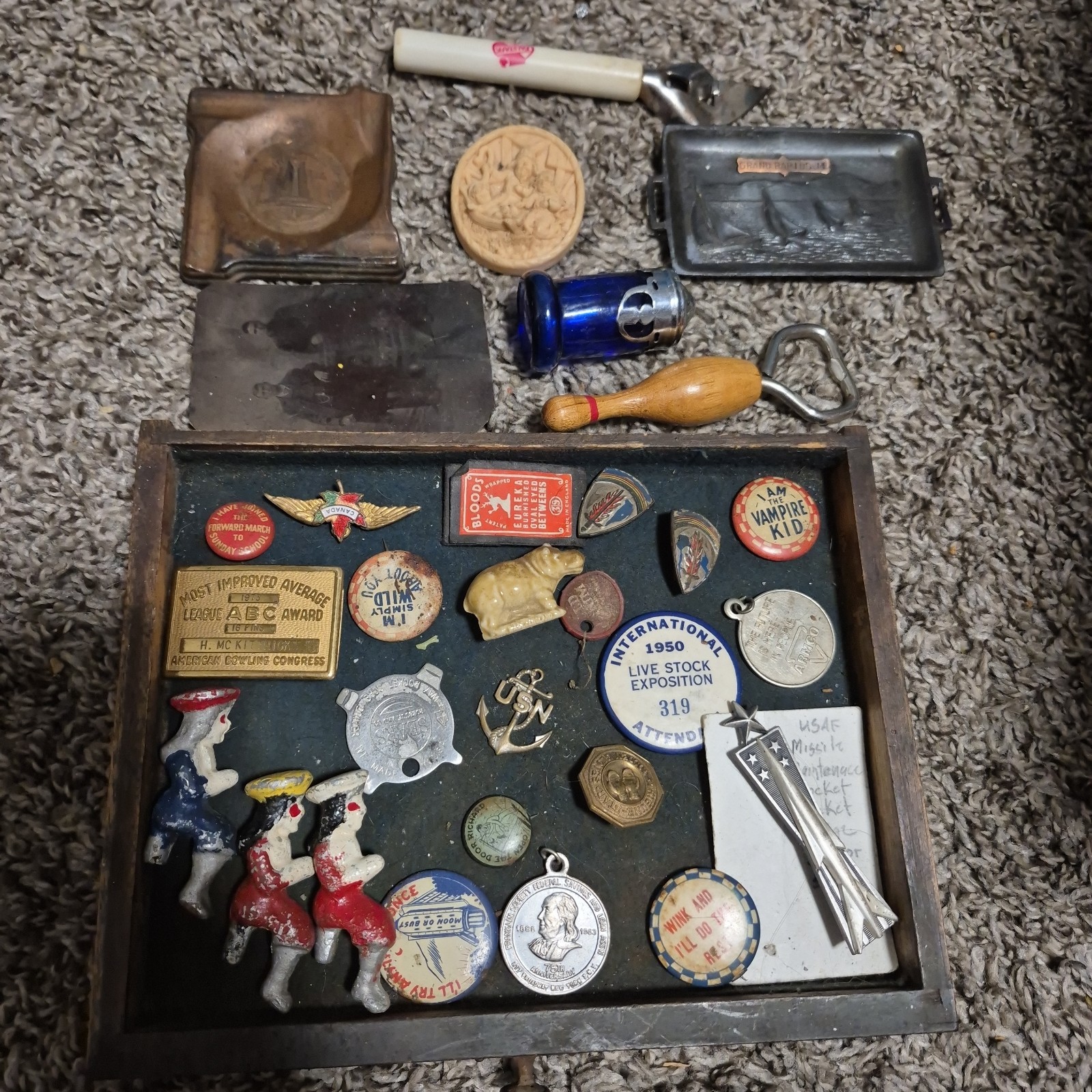 Vintage Junk Drawer Lot- Advertising, Antiques, Miscellaneous Coins Pins Glass!