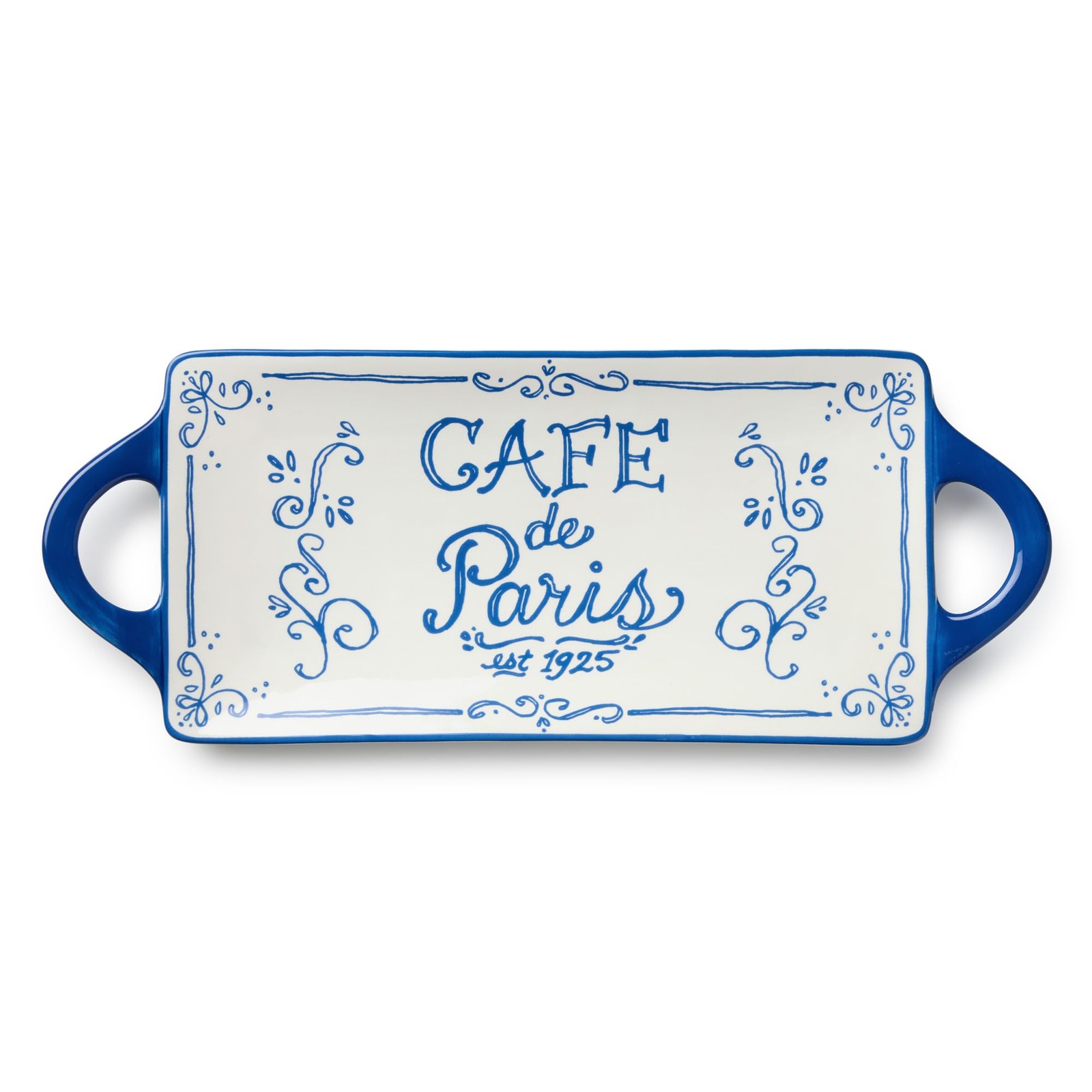 Bistro Ceramic Rectangular Tray with Handles, Blue & White Café Design