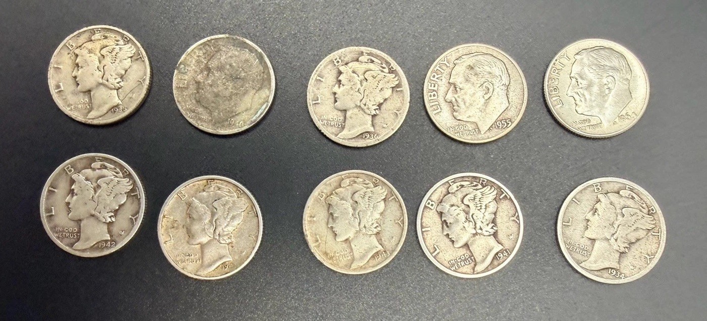 Lot of 10 US Silver Dimes – Mercury & Roosevelt (1934-1955) 90% Silver