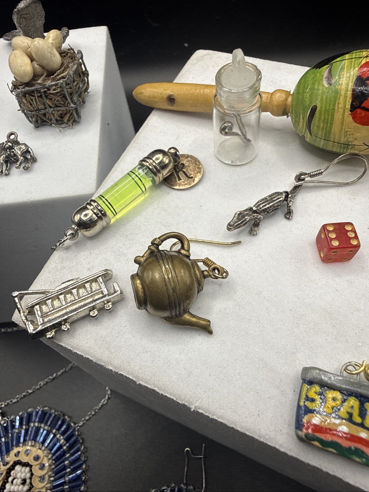 Grandma’s Vintage Junk Drawer Lot, Miniature Trinkets, Pewter Bead Work