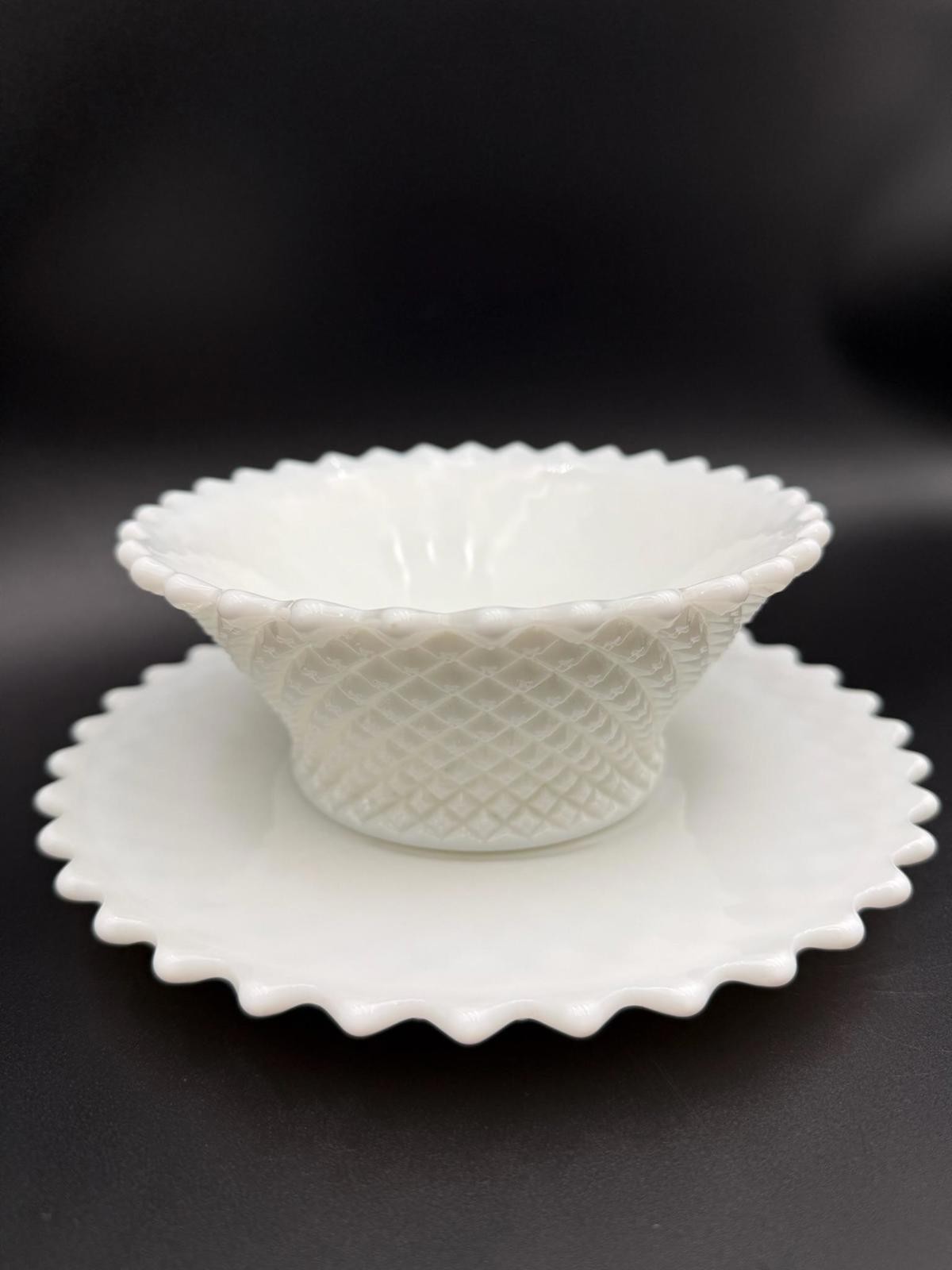 Vintage Westmoreland English Hobnail Milk Glass Bowl and Plate Set Scalloped Rim